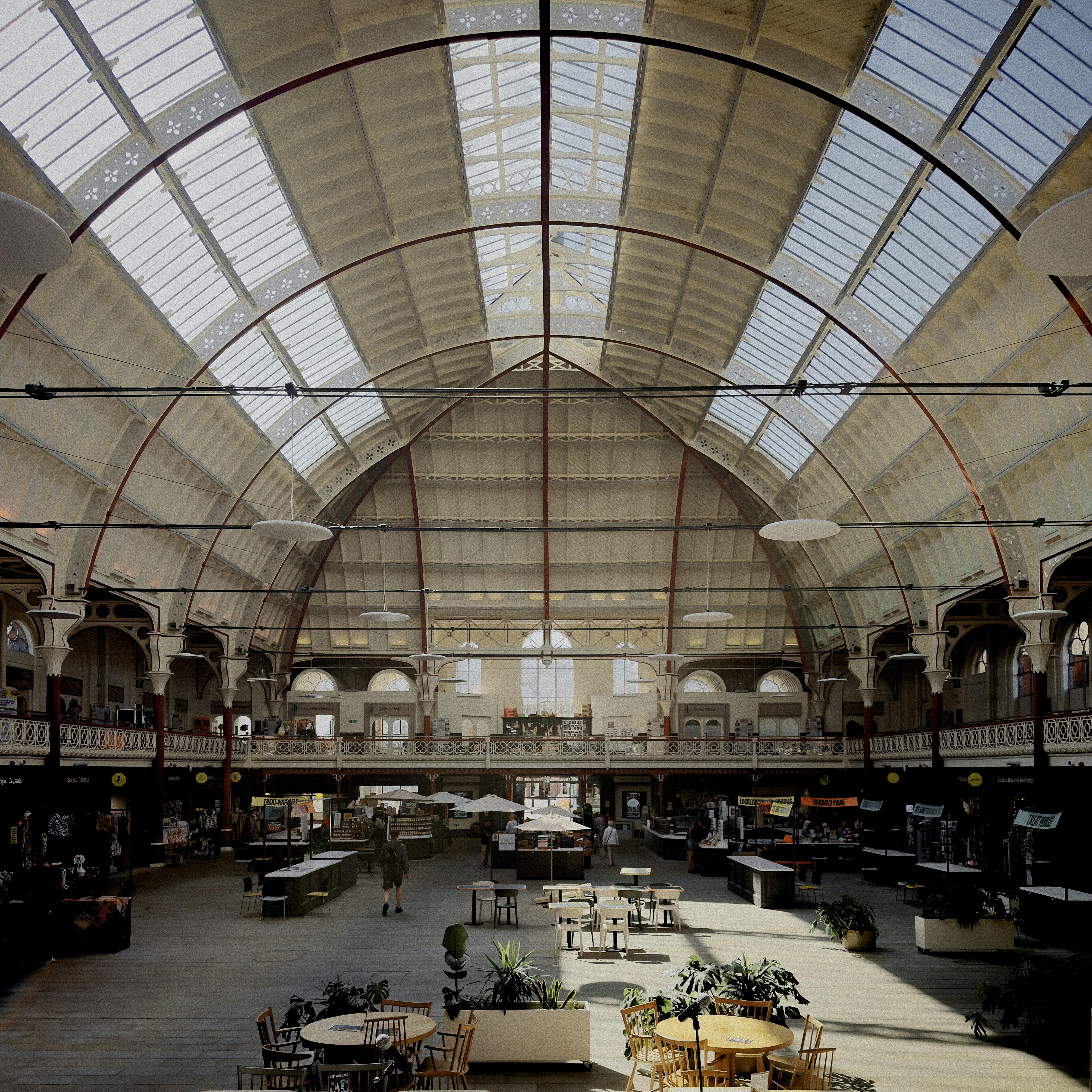 Sunlit arched glass ceiling of derby market hall