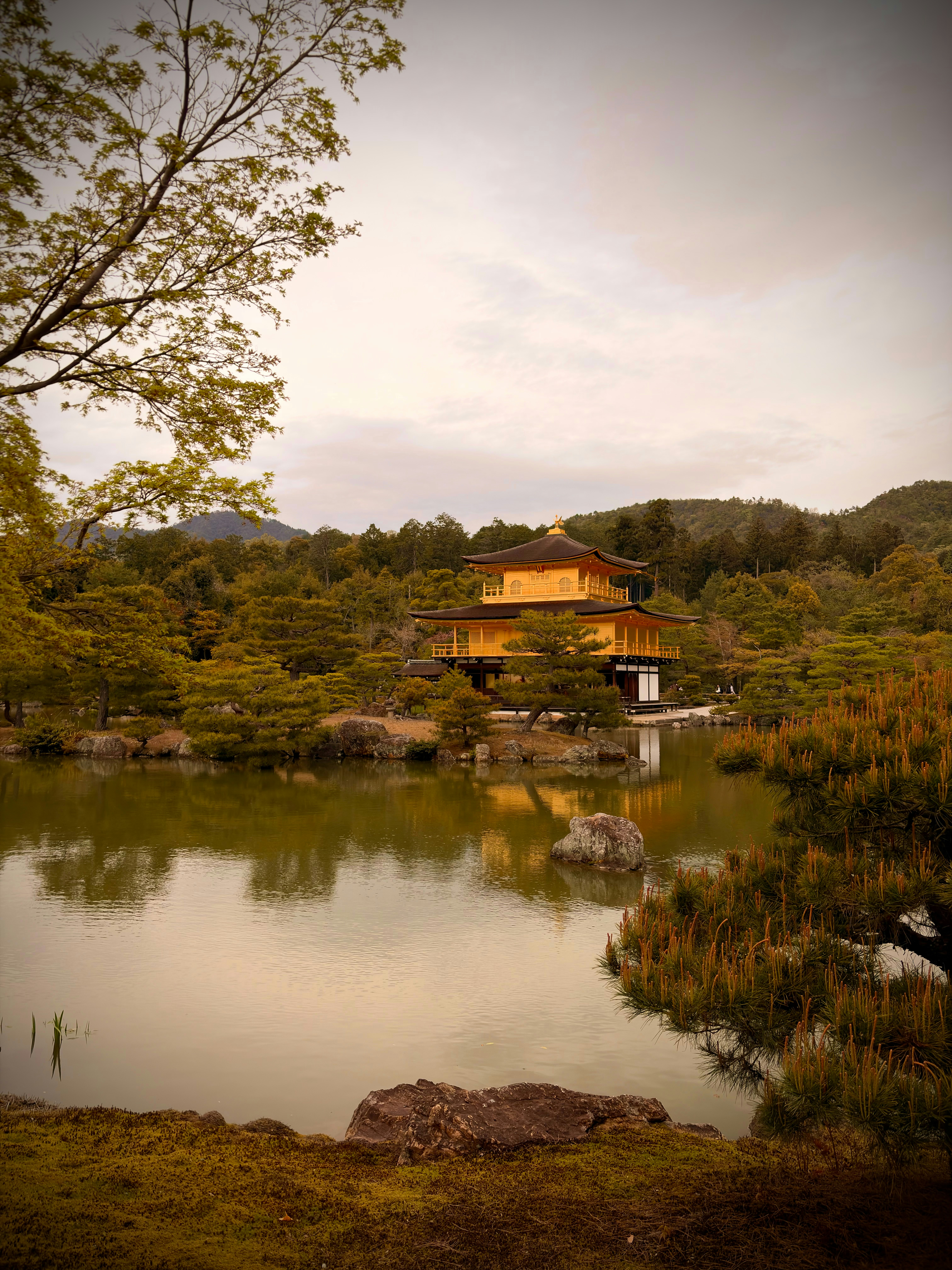 Templo dorado reflejado en un estanque tranquilo rodeado de árboles