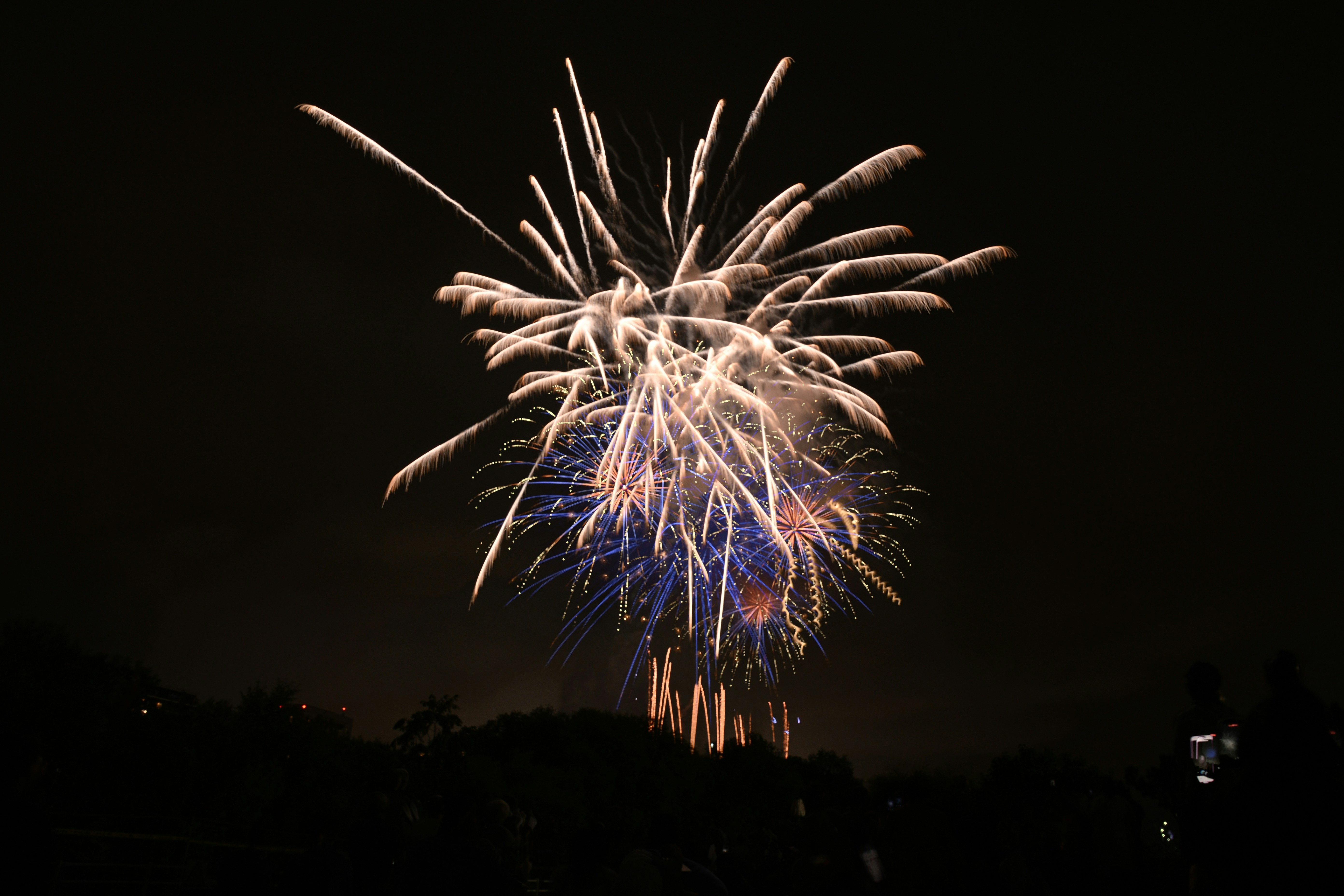 Colorful fireworks explode brilliantly against the dark night sky.