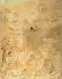 Old art shows robed figures kneeling before another figure.