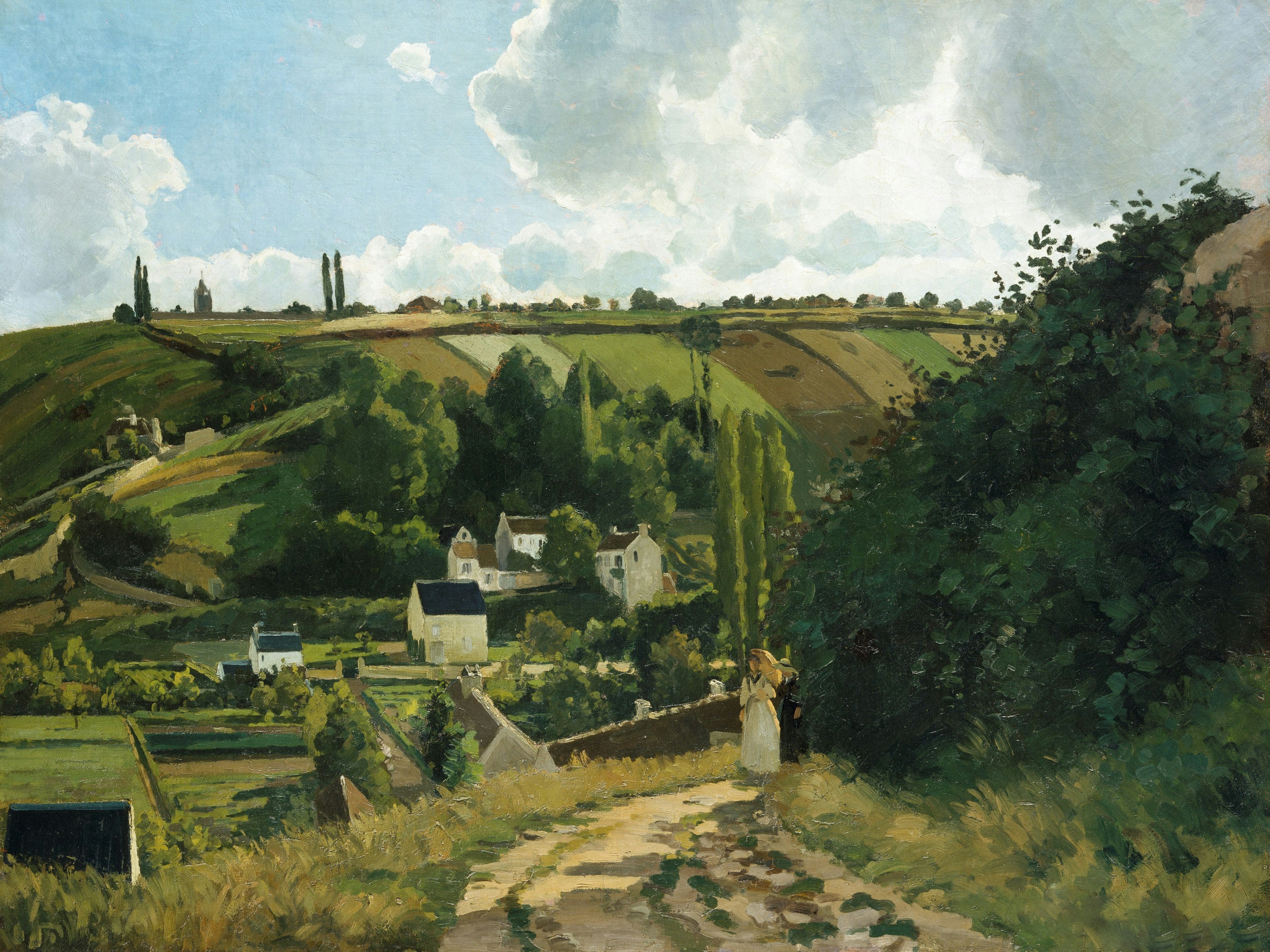 A winding path through a green valley with houses