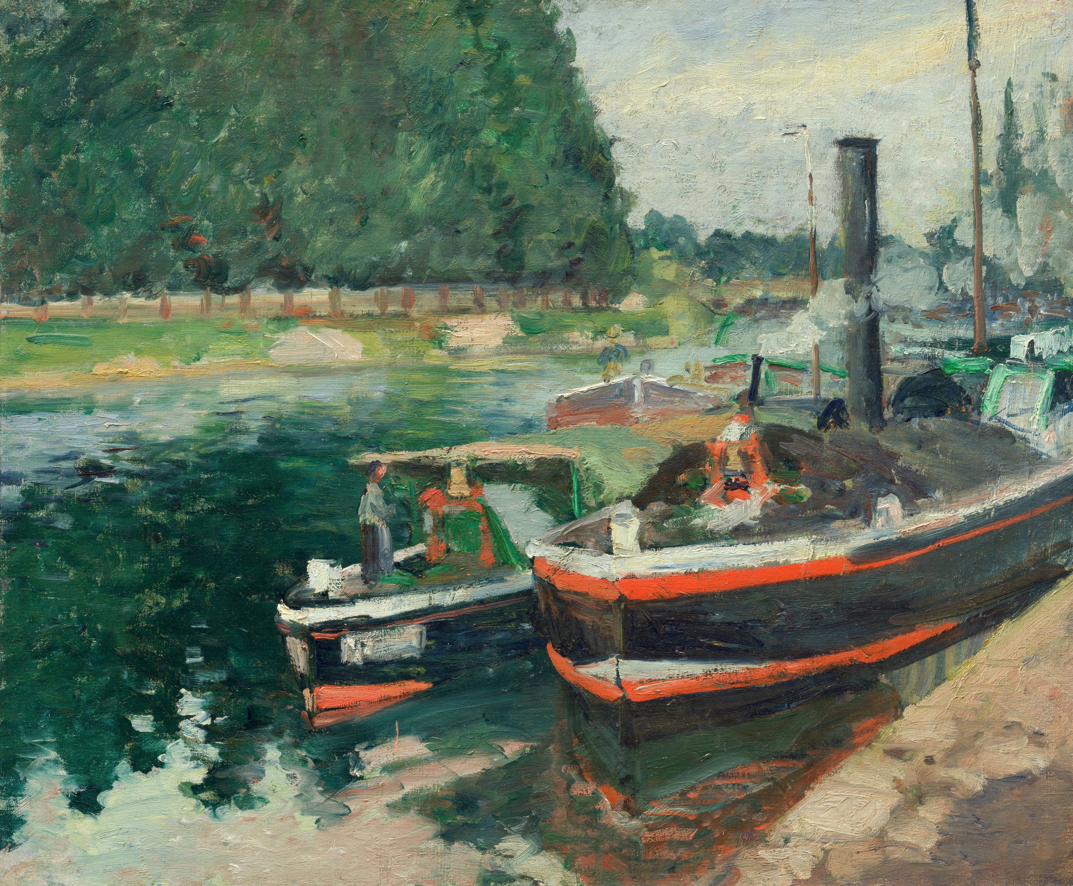 Impressionistic painting of boats docked along a green river