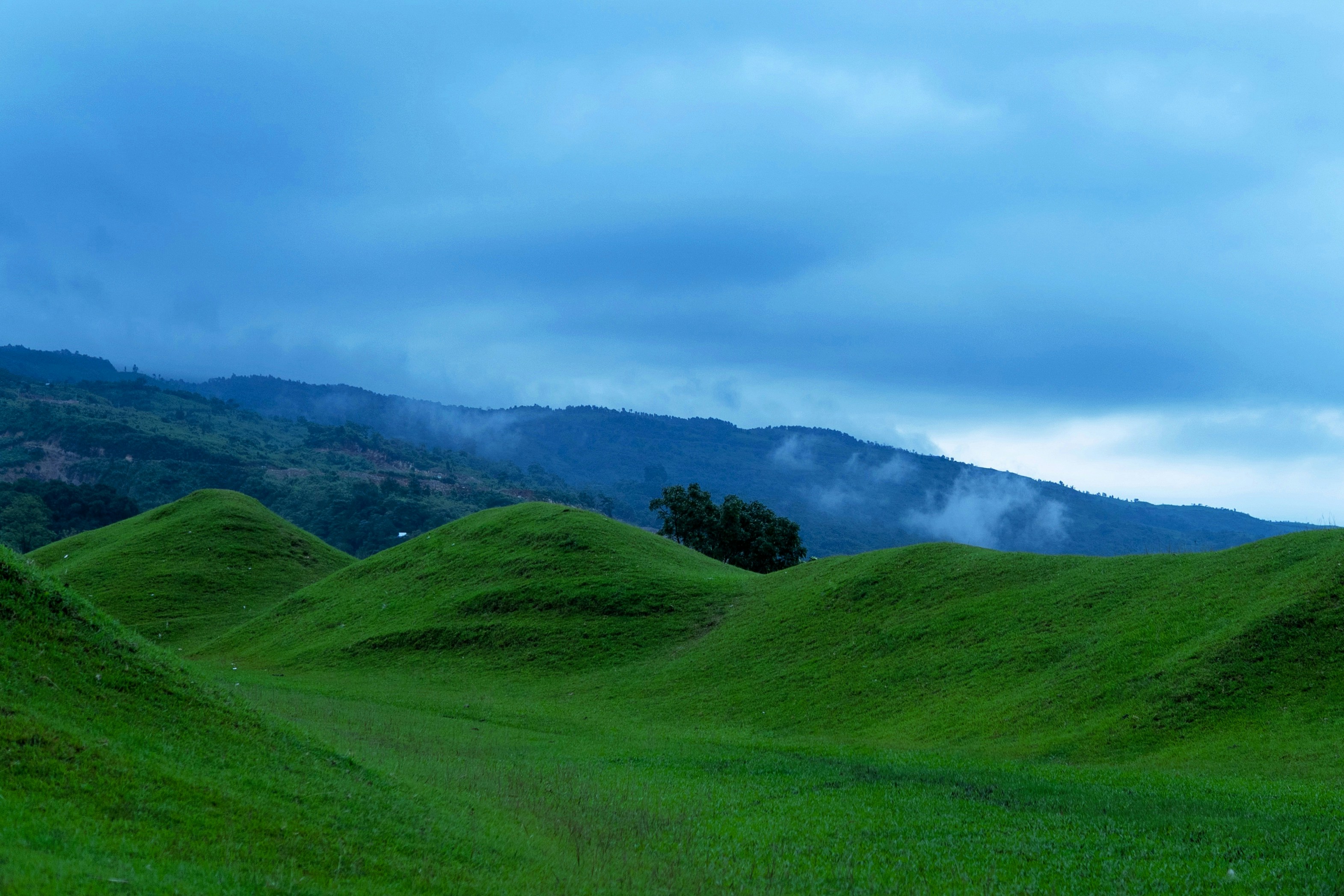 Green rolling hills with distant mountains under a cloudy sky