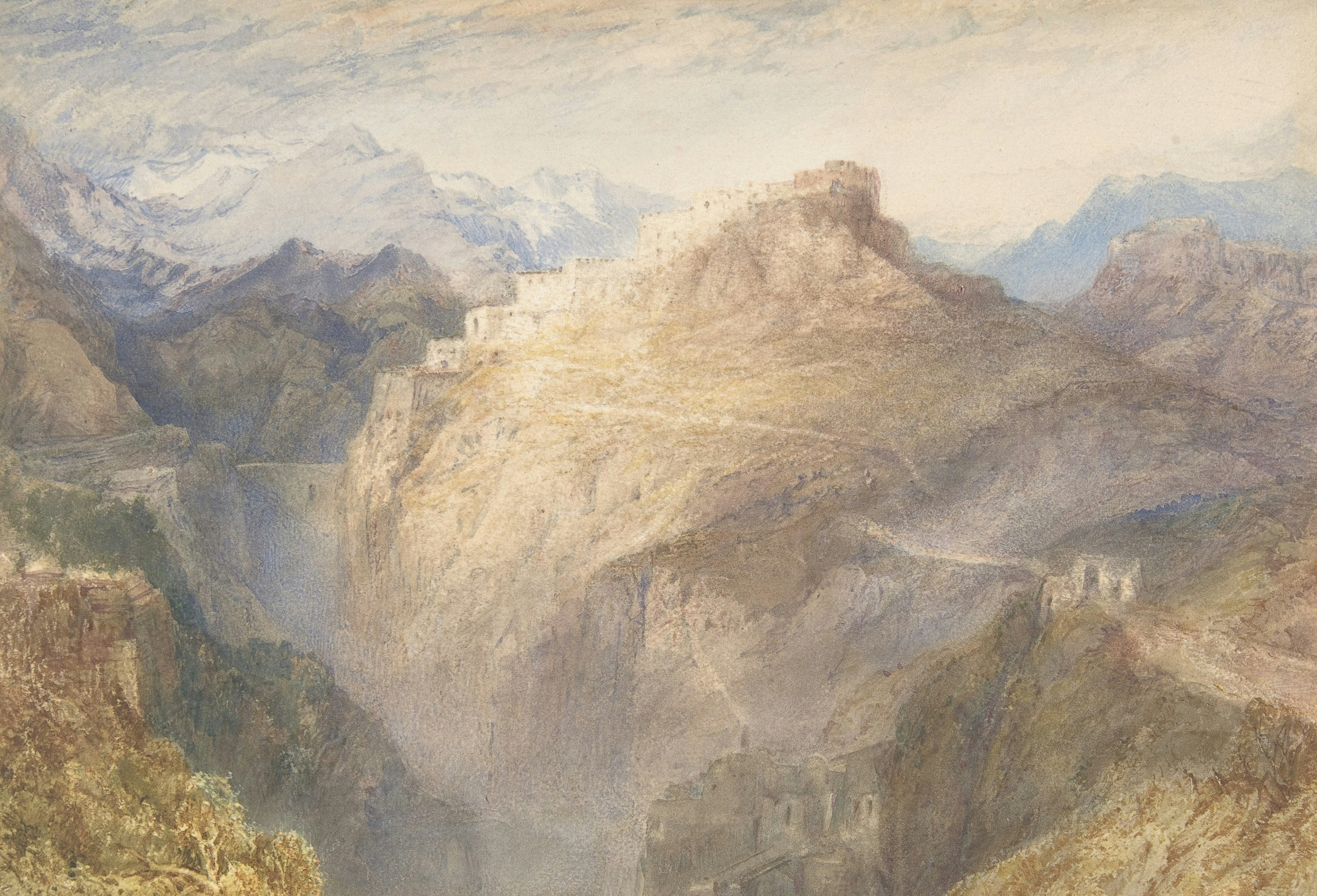 Watercolor painting of a mountainous landscape with buildings on cliffs