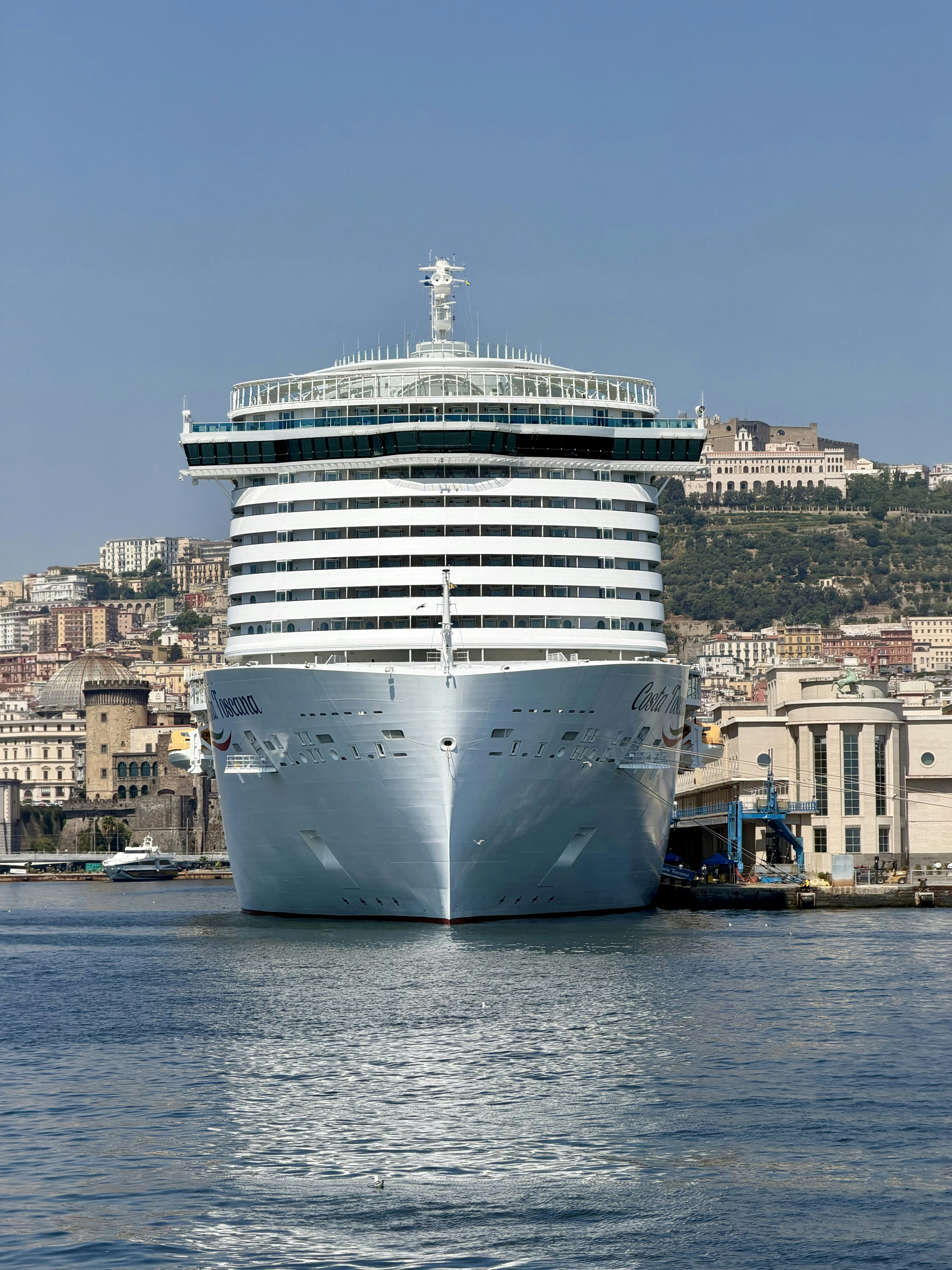 A large cruise ship docked in a city harbor