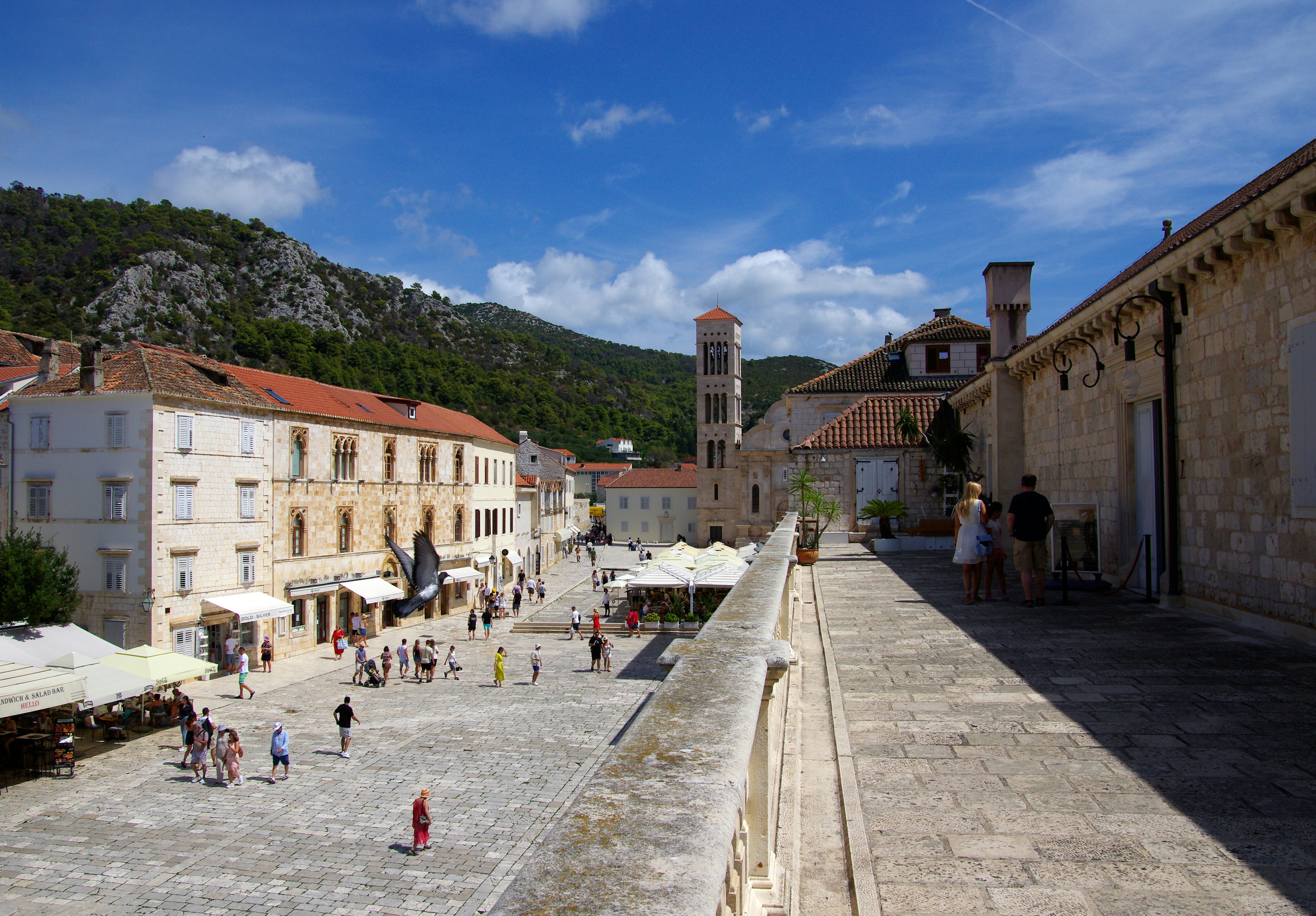 Historic town square with people, buildings, bell tower, and mountains