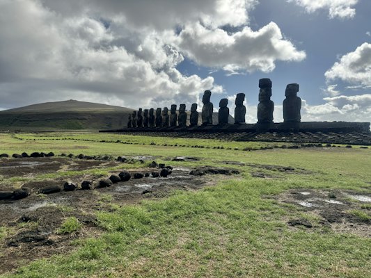 A line of ancient moai statues on easter island