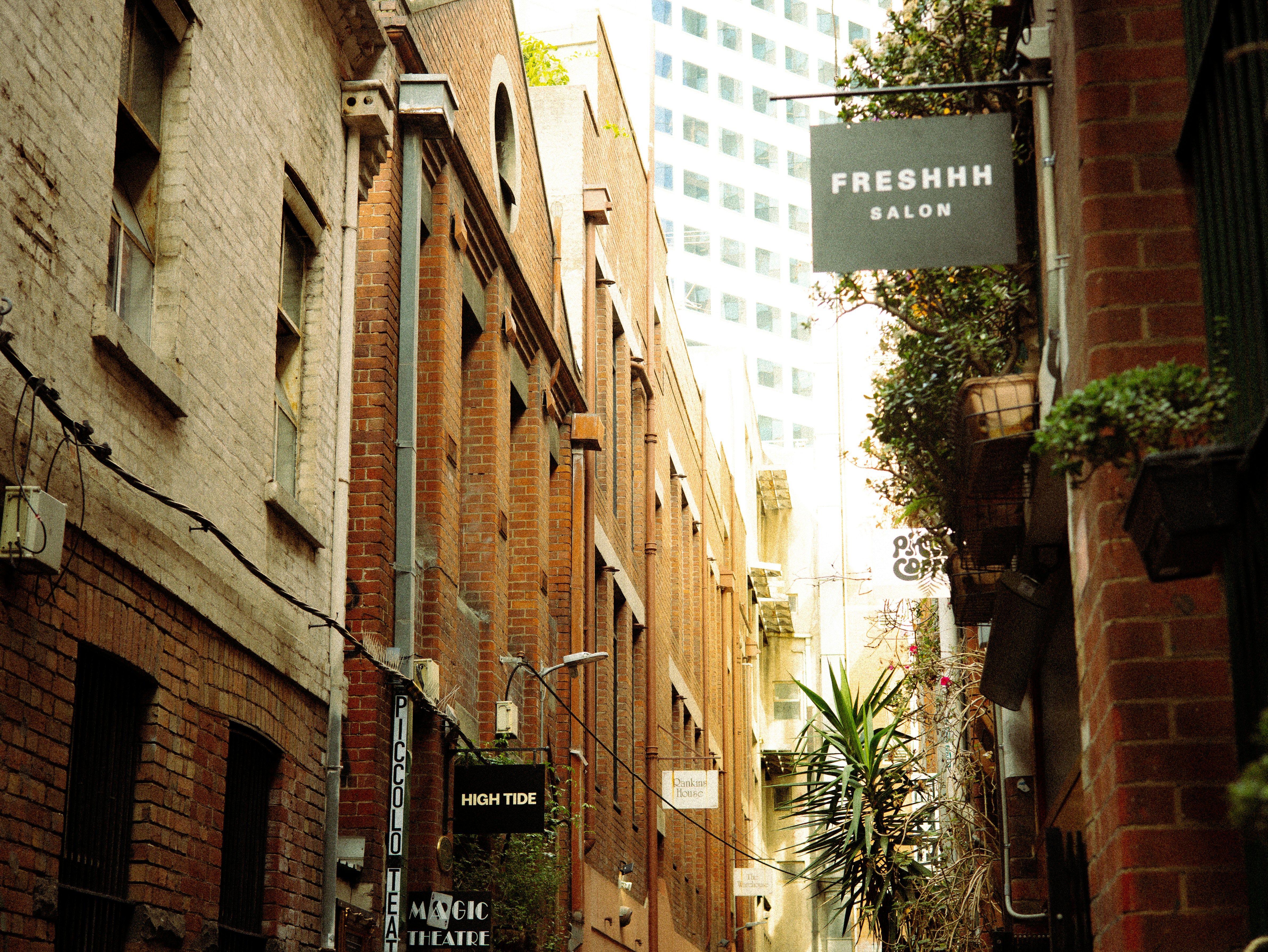 Narrow laneway between old brick buildings