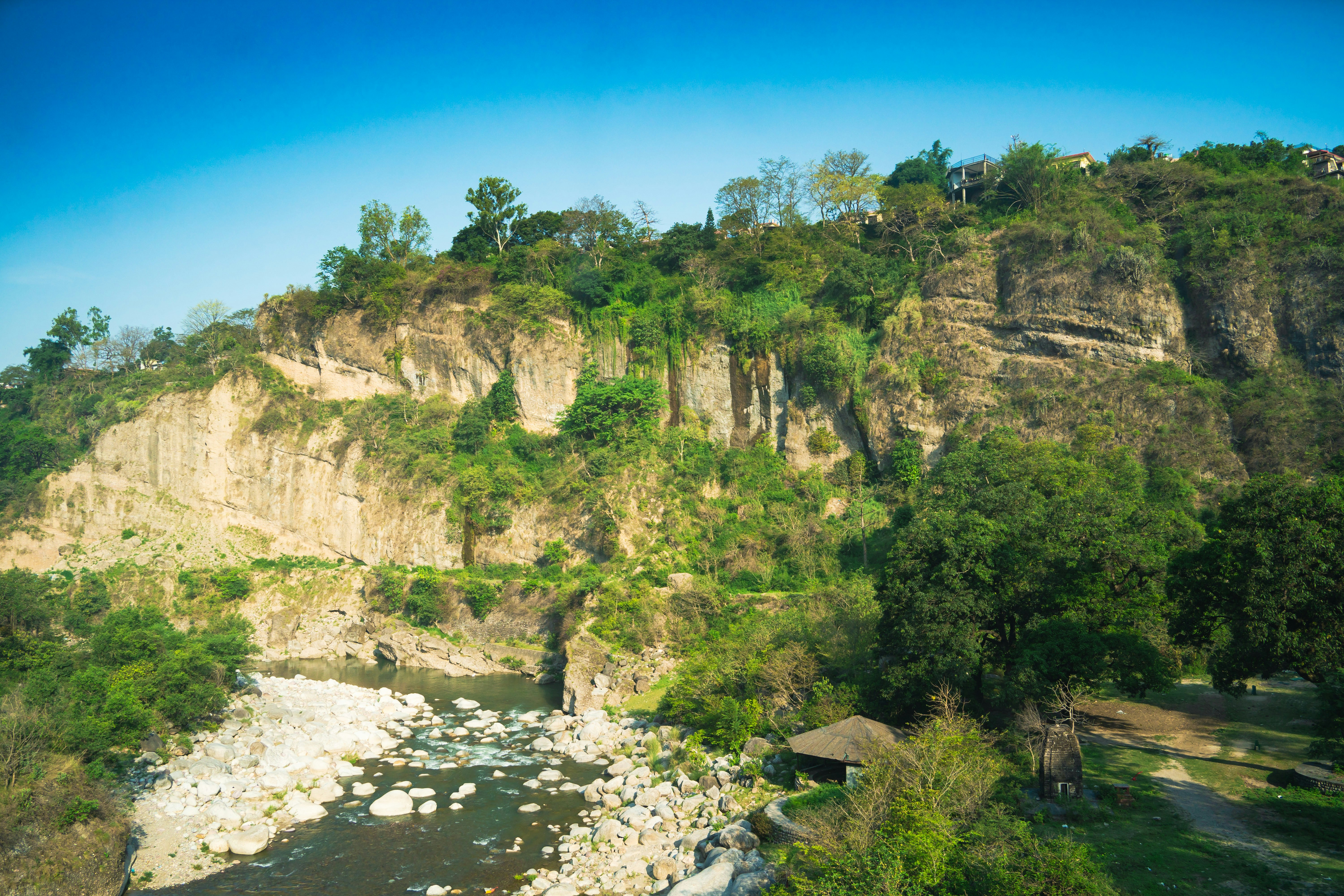 A rocky cliff with lush trees and a river below.