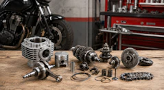 Various motorcycle engine parts displayed on a wooden surface