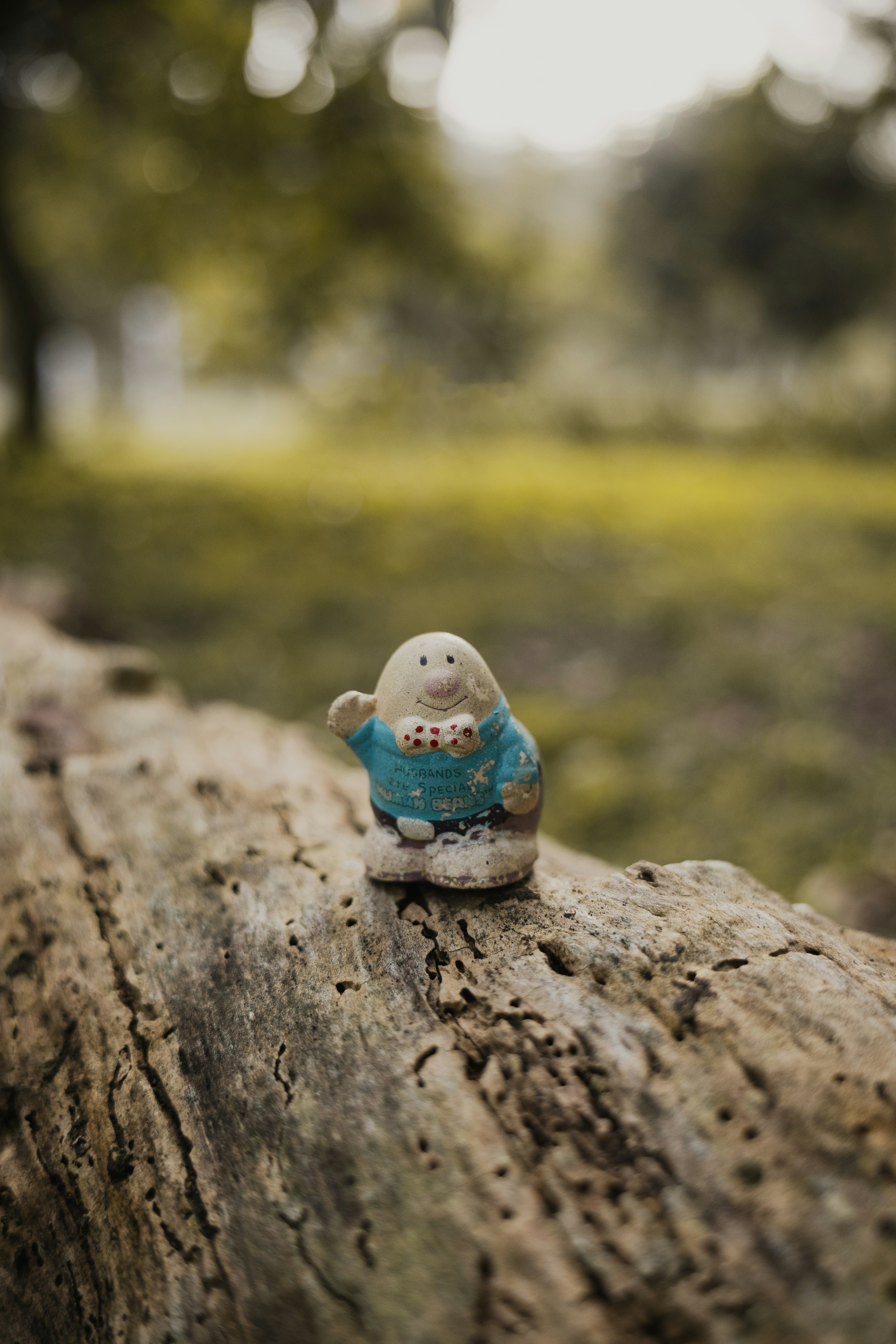 A small, cute figurine stands on a weathered log outdoors