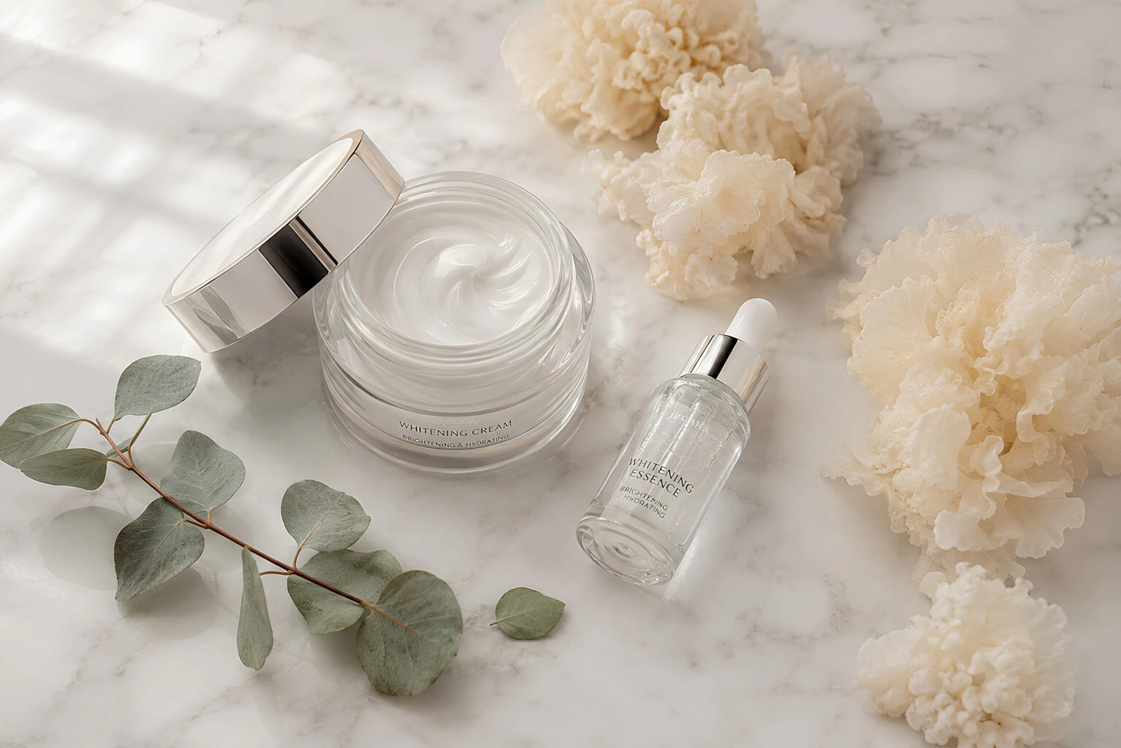 A minimalist flat-lay of affordable skincare products arranged on a marble surface, representing a budget skincare roundup