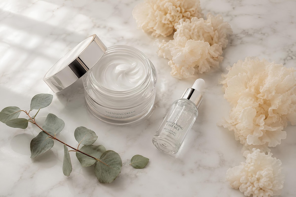 Skincare cream and serum bottles arranged on a marble surface