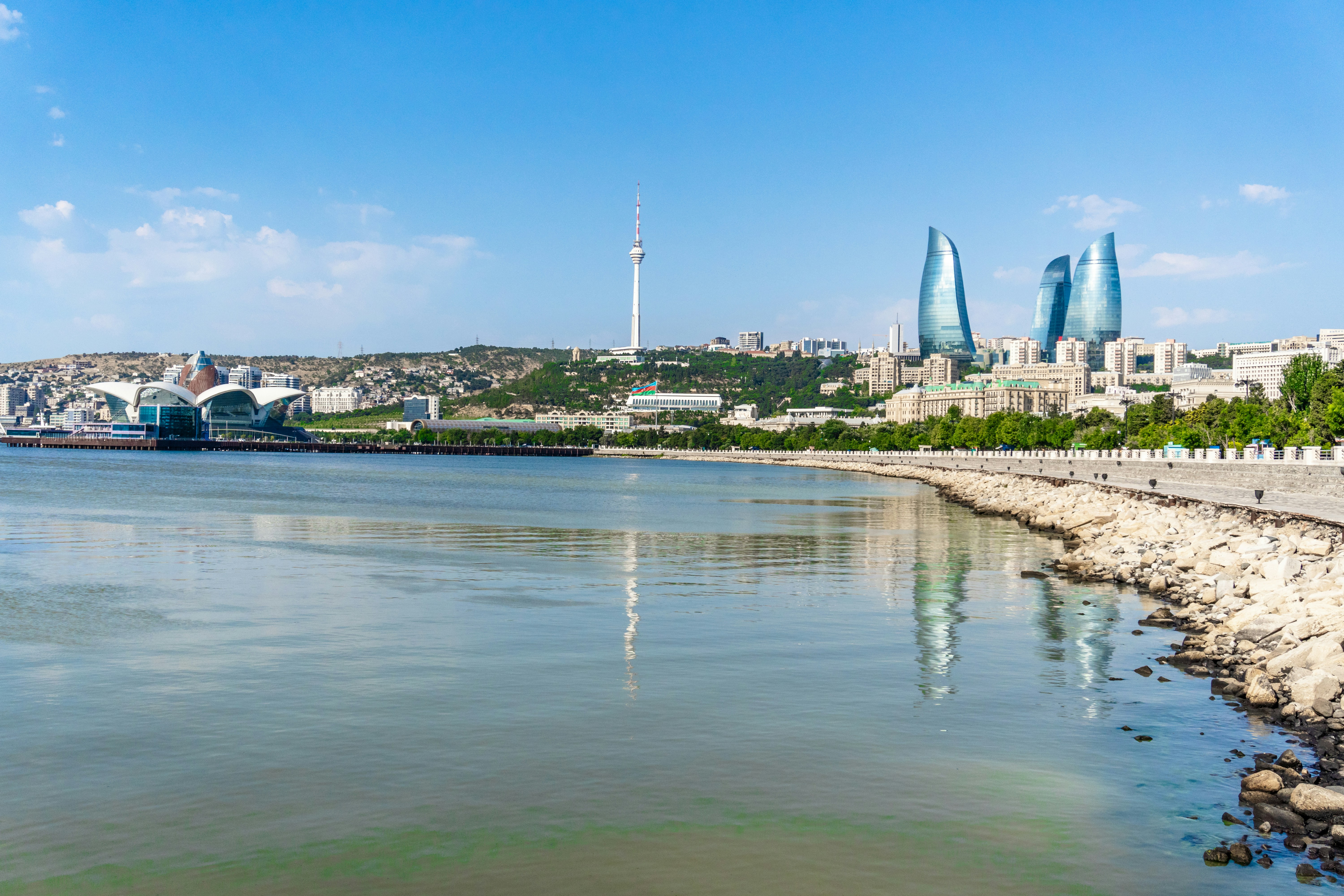 Modern baku skyline with iconic flame towers overlooking the bay