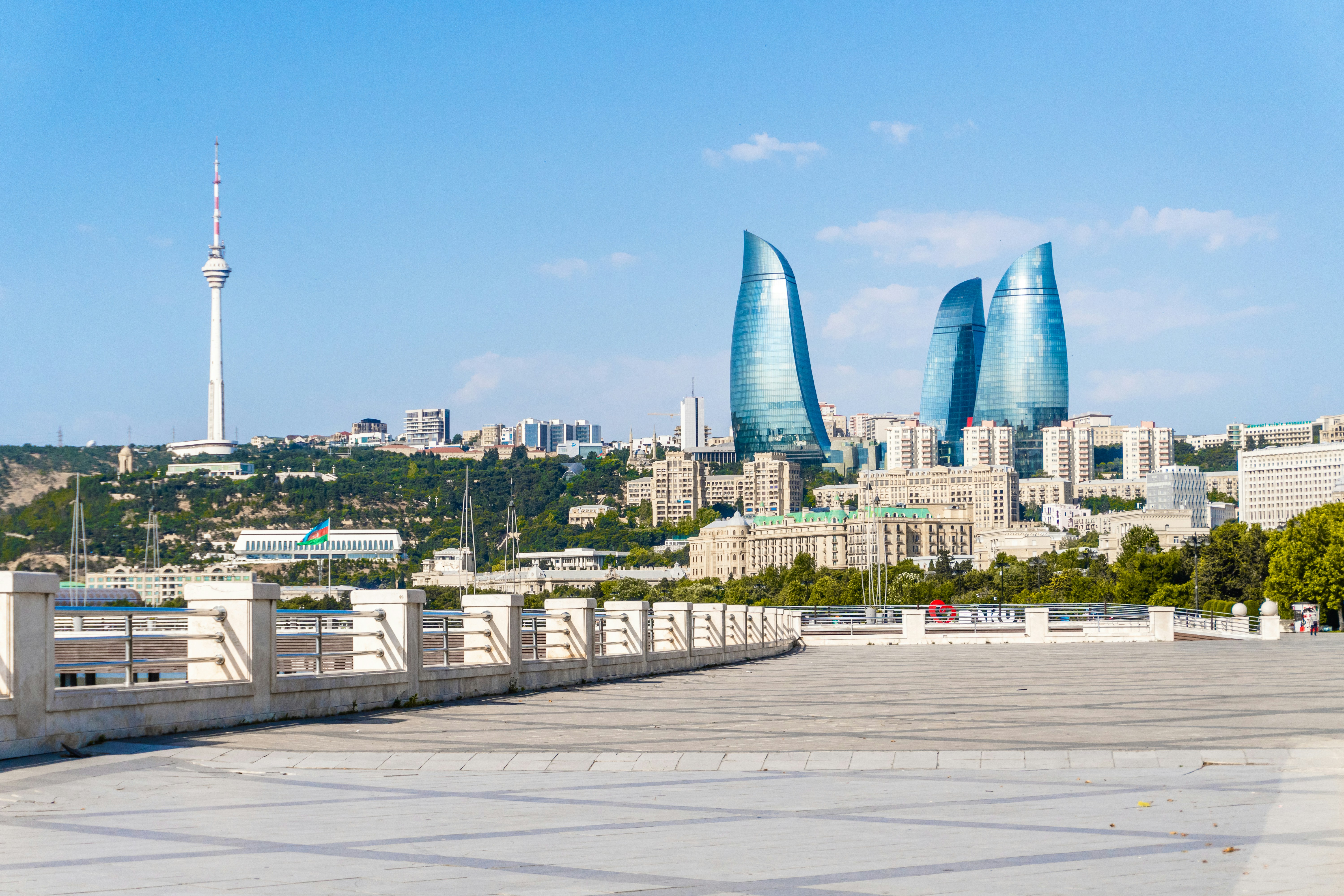 Baku city skyline with flame towers and TV tower.