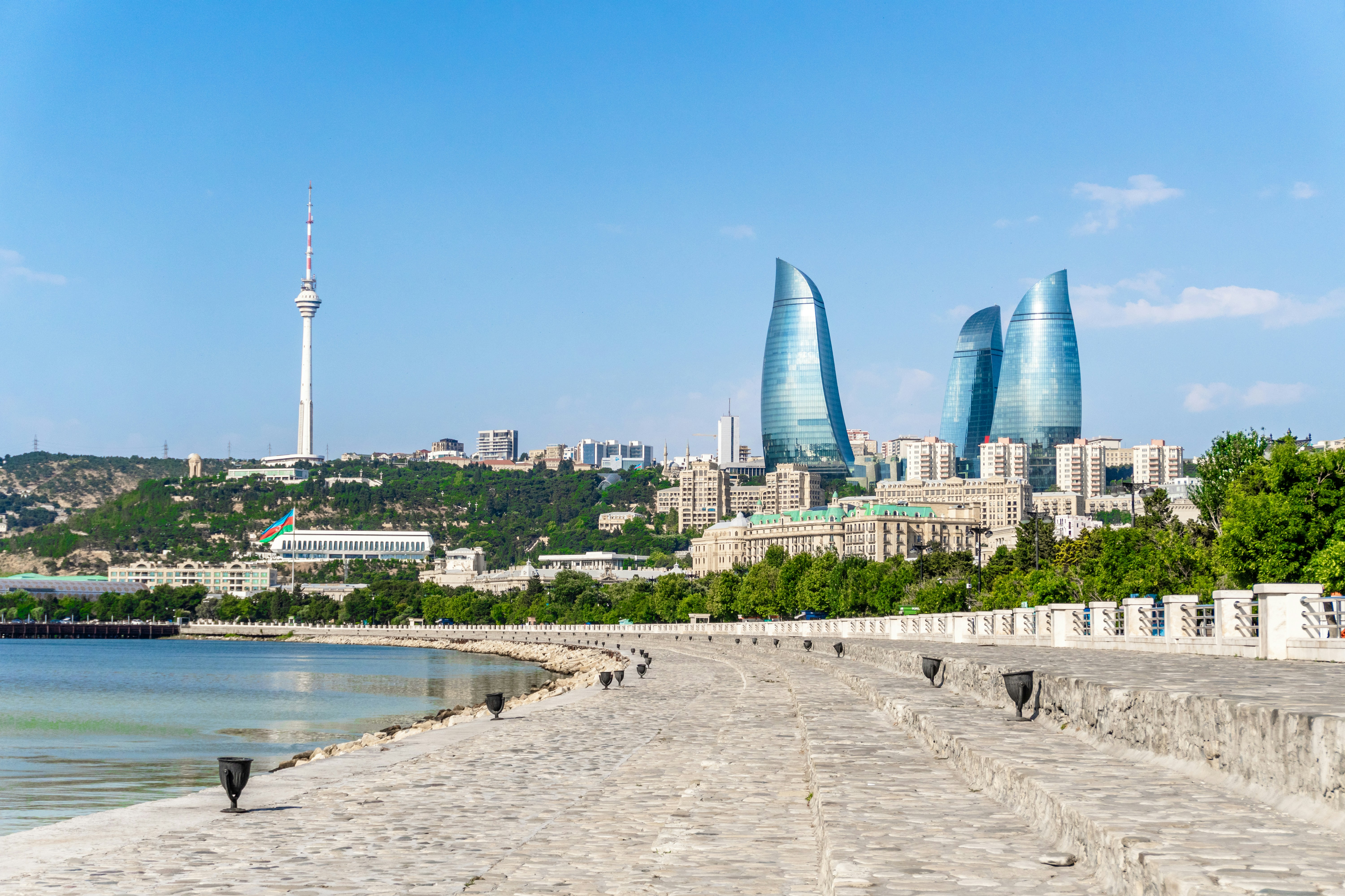 Modern baku city skyline with flame towers and television tower.