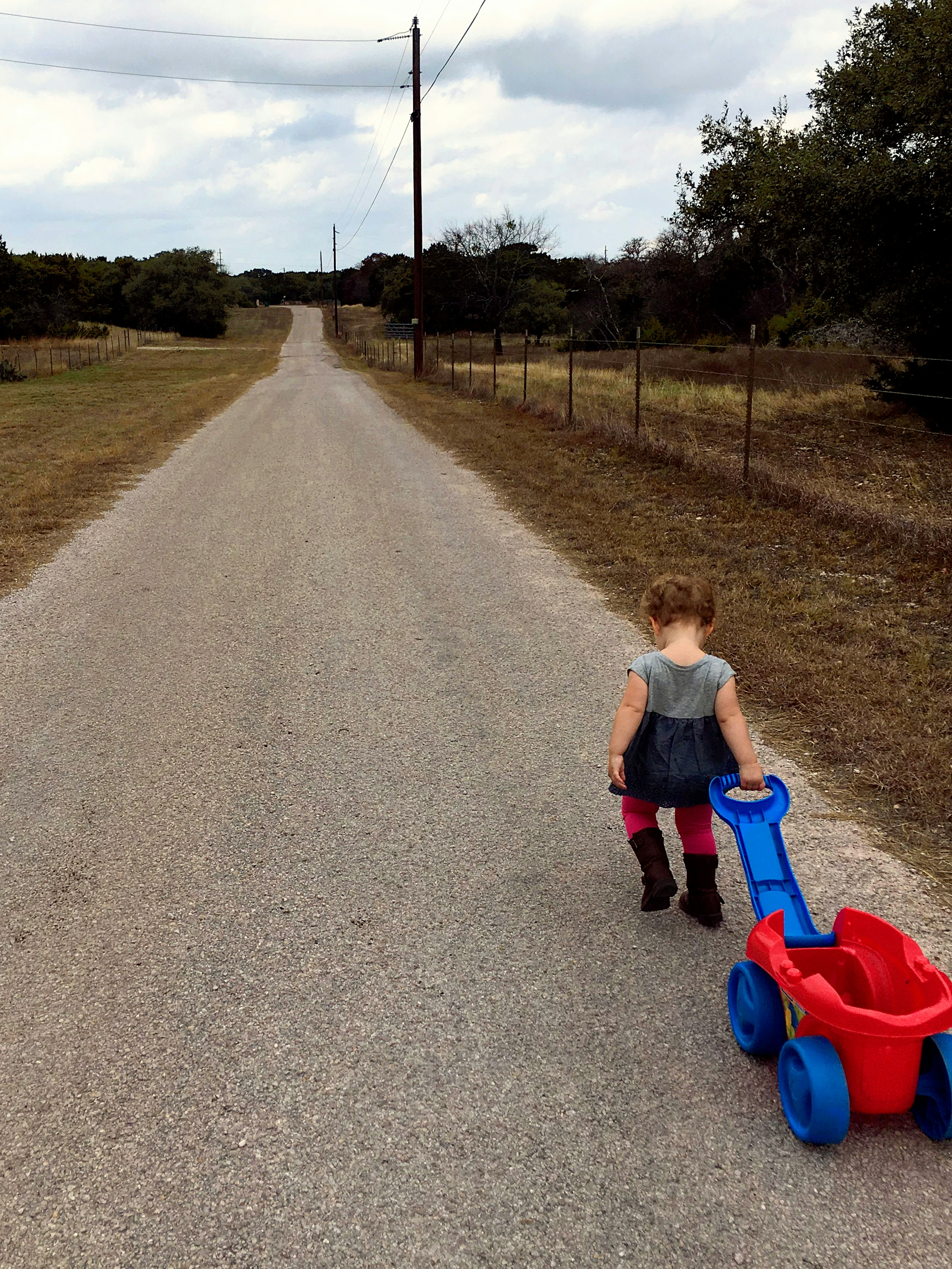 Criança puxa uma carroça de brinquedo em uma longa estrada rural