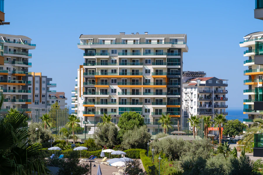 Modern apartment buildings overlooking the sea in Alanya