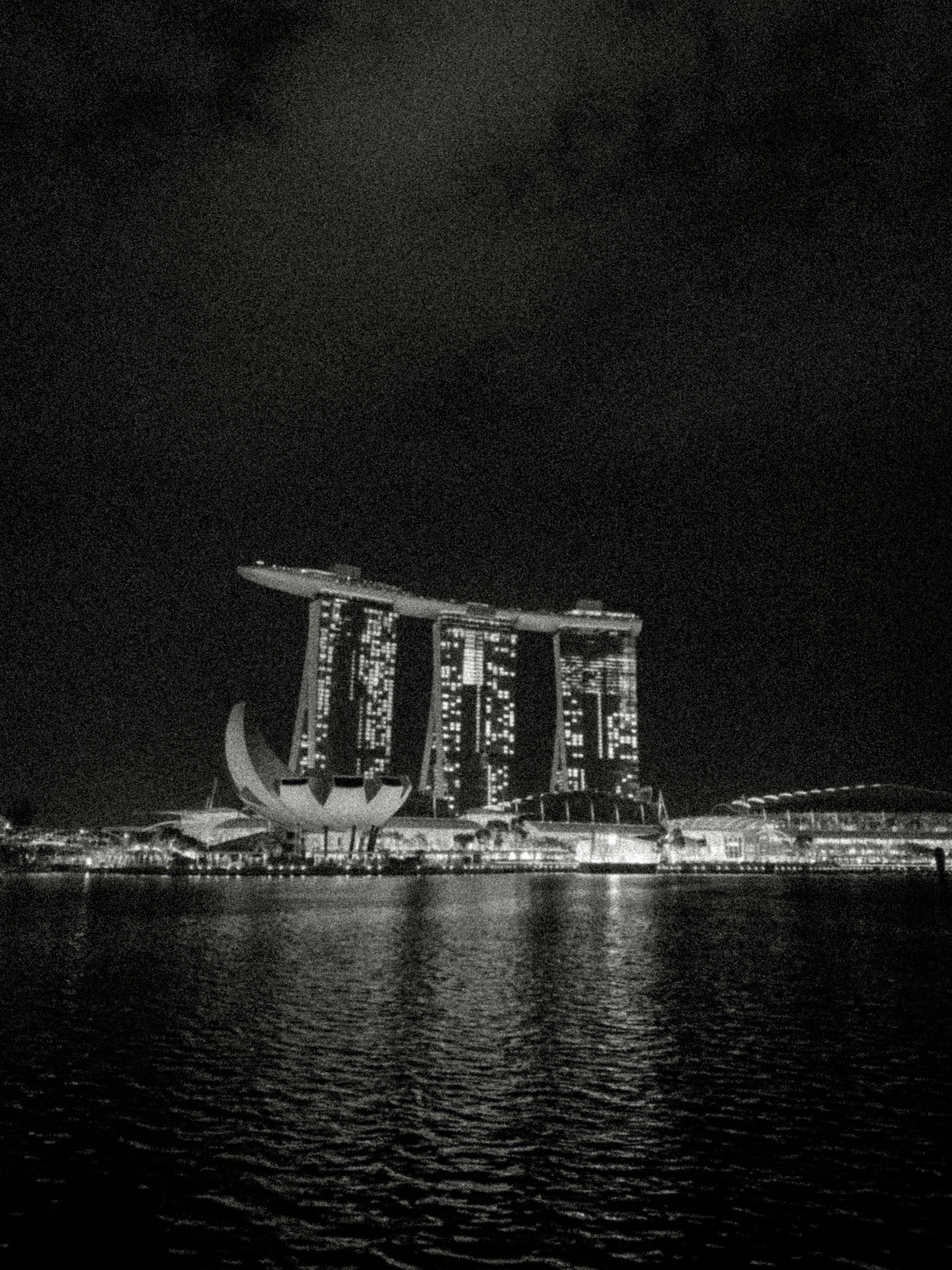 Marina bay sands and artscience museum reflected at night