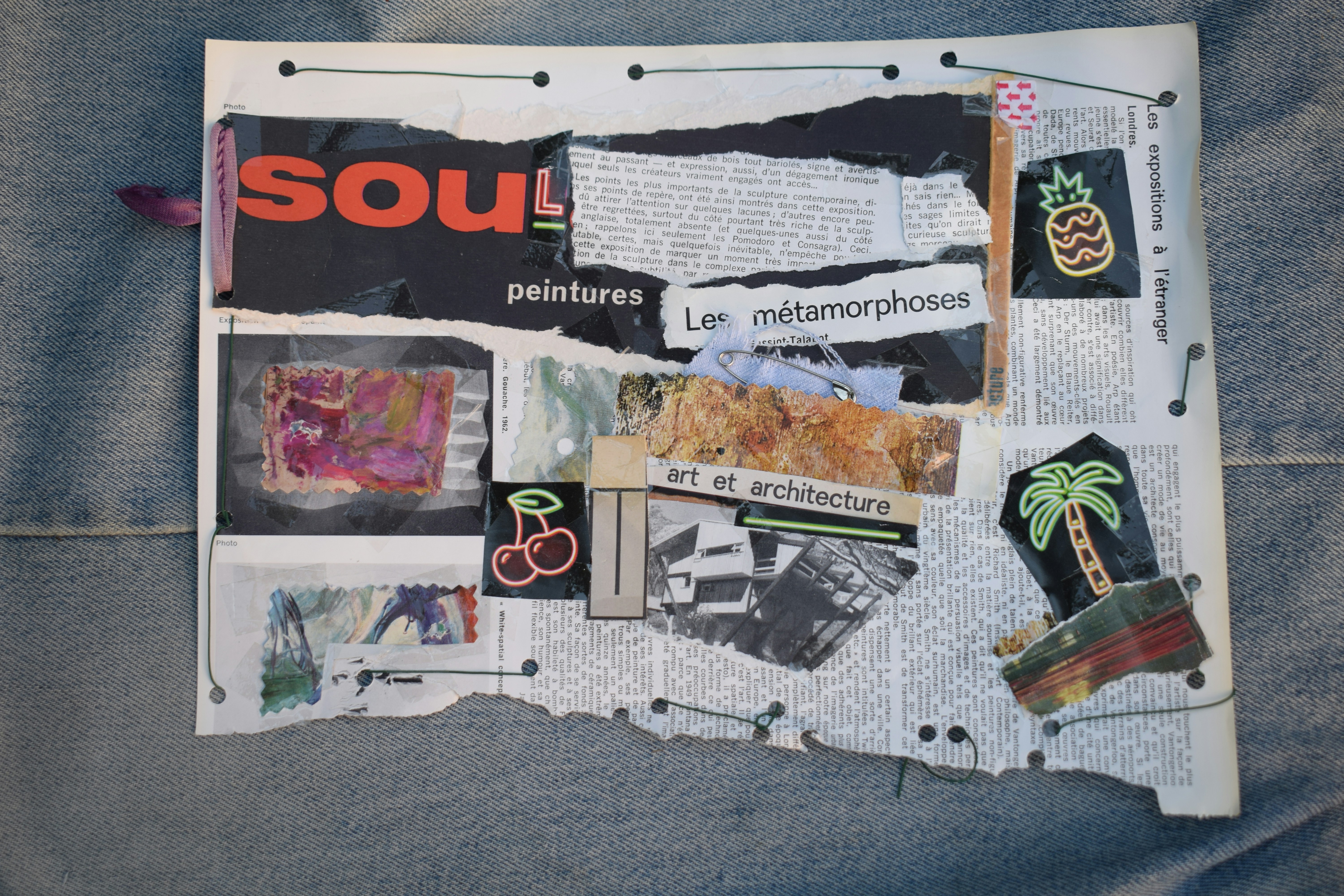 Handmade paper collage with magazine cutouts and drawings