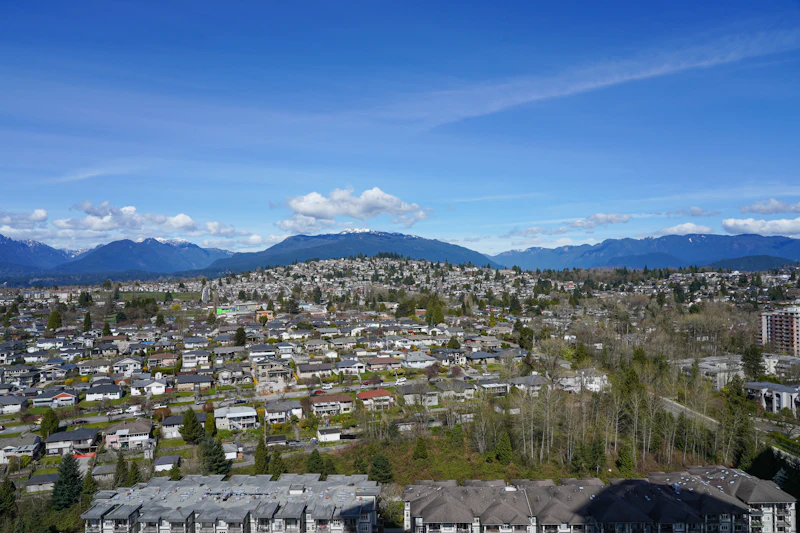 Residential neighbourhood with mountains in Metro Vancouver