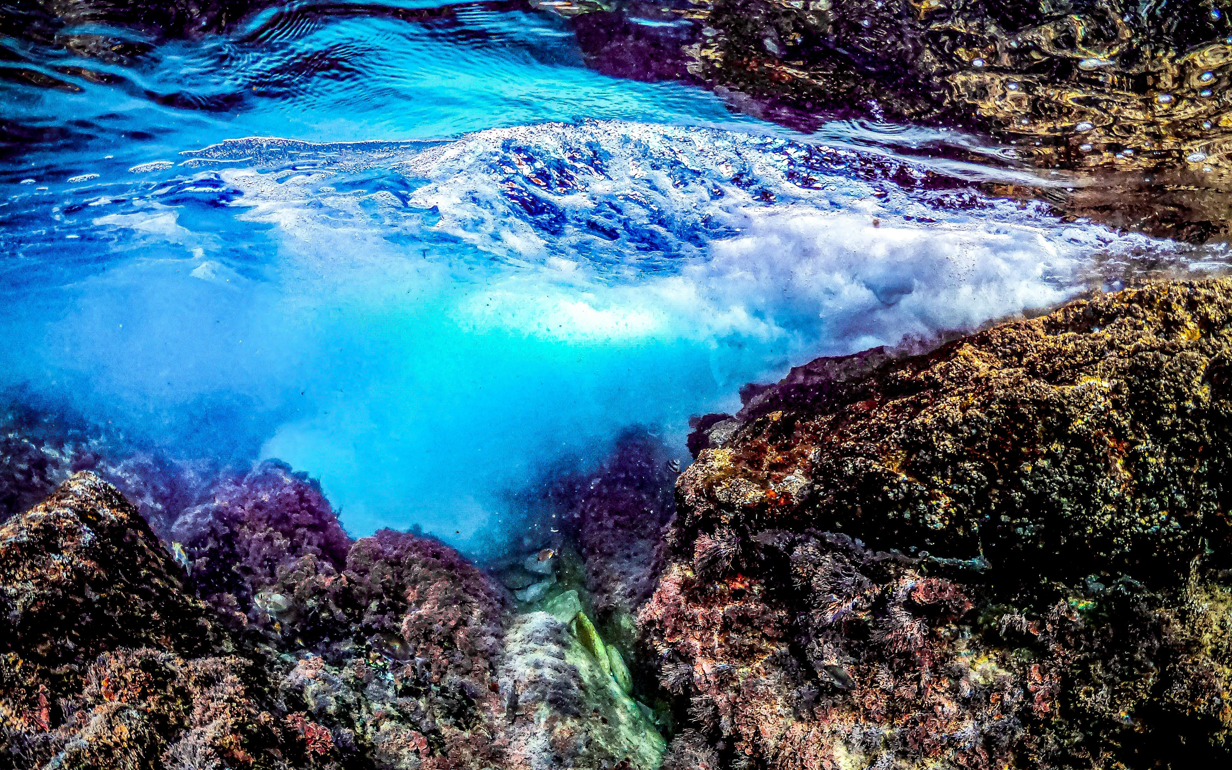 Vibrant blue ocean water crashing against dark rocky cliffs