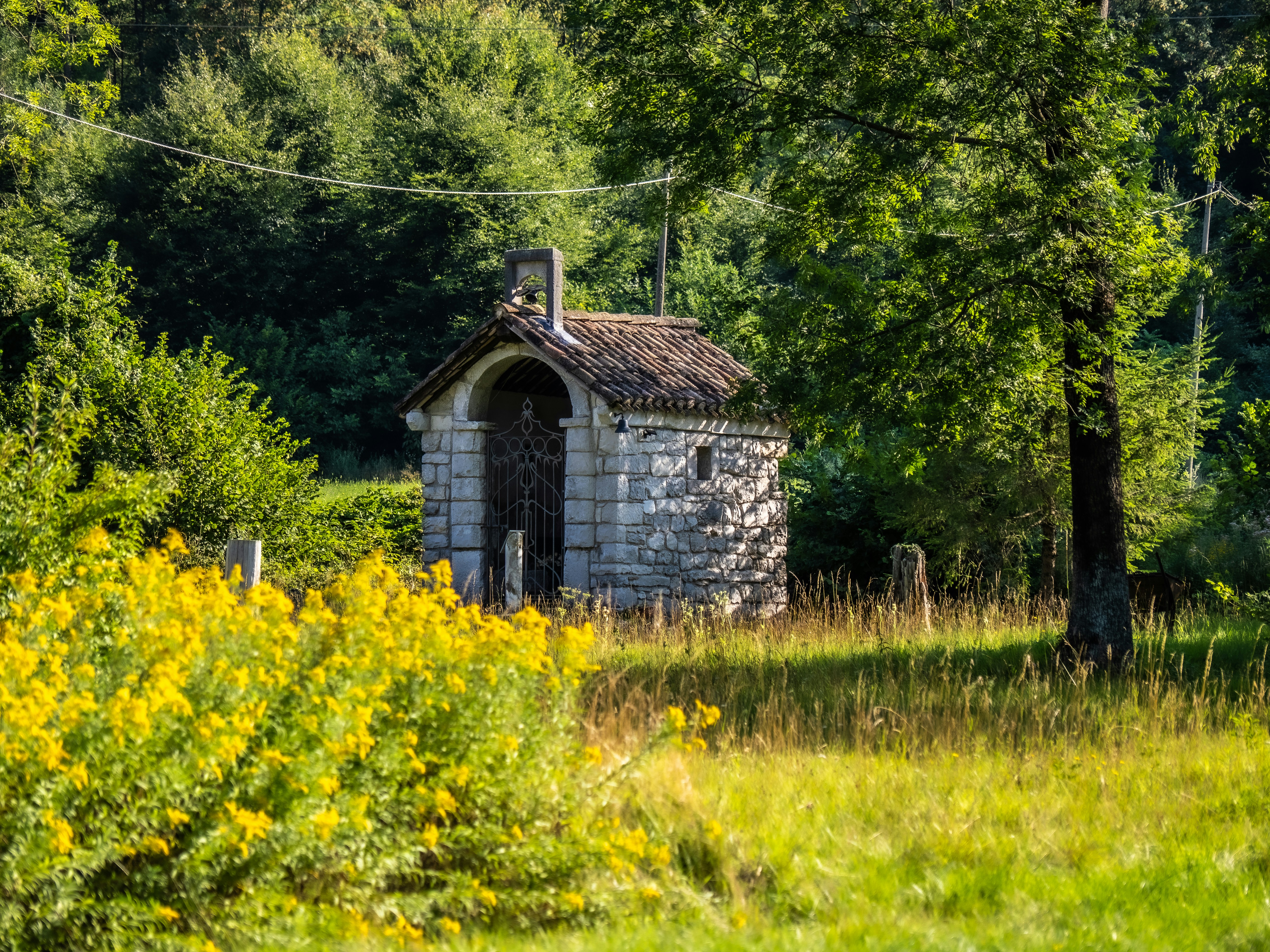 Steinheiligtum umgeben von gelben Blumen und grünen Bäumen.