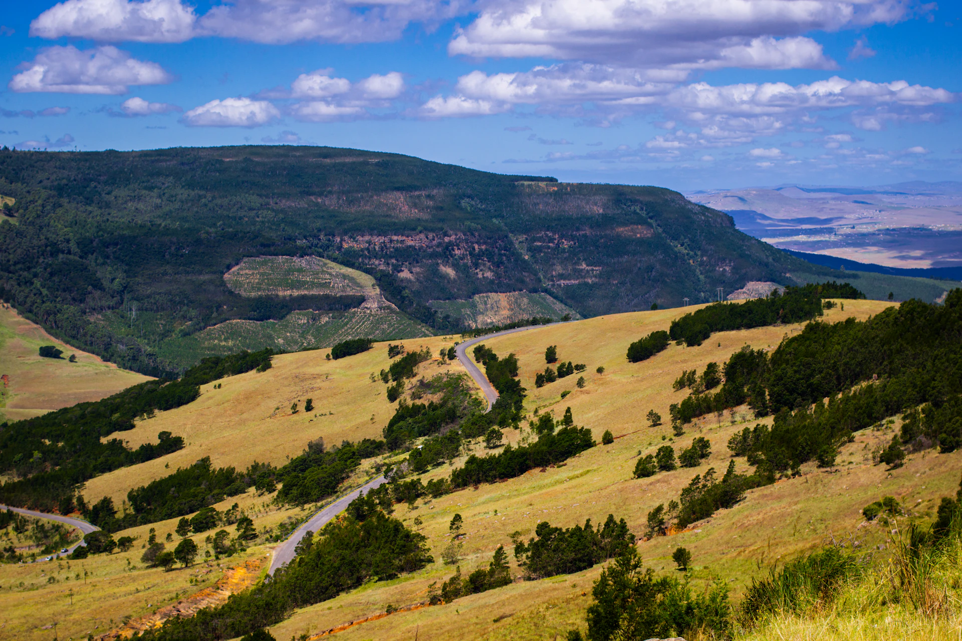 Scenic road winding through golden hills and distant mountains.