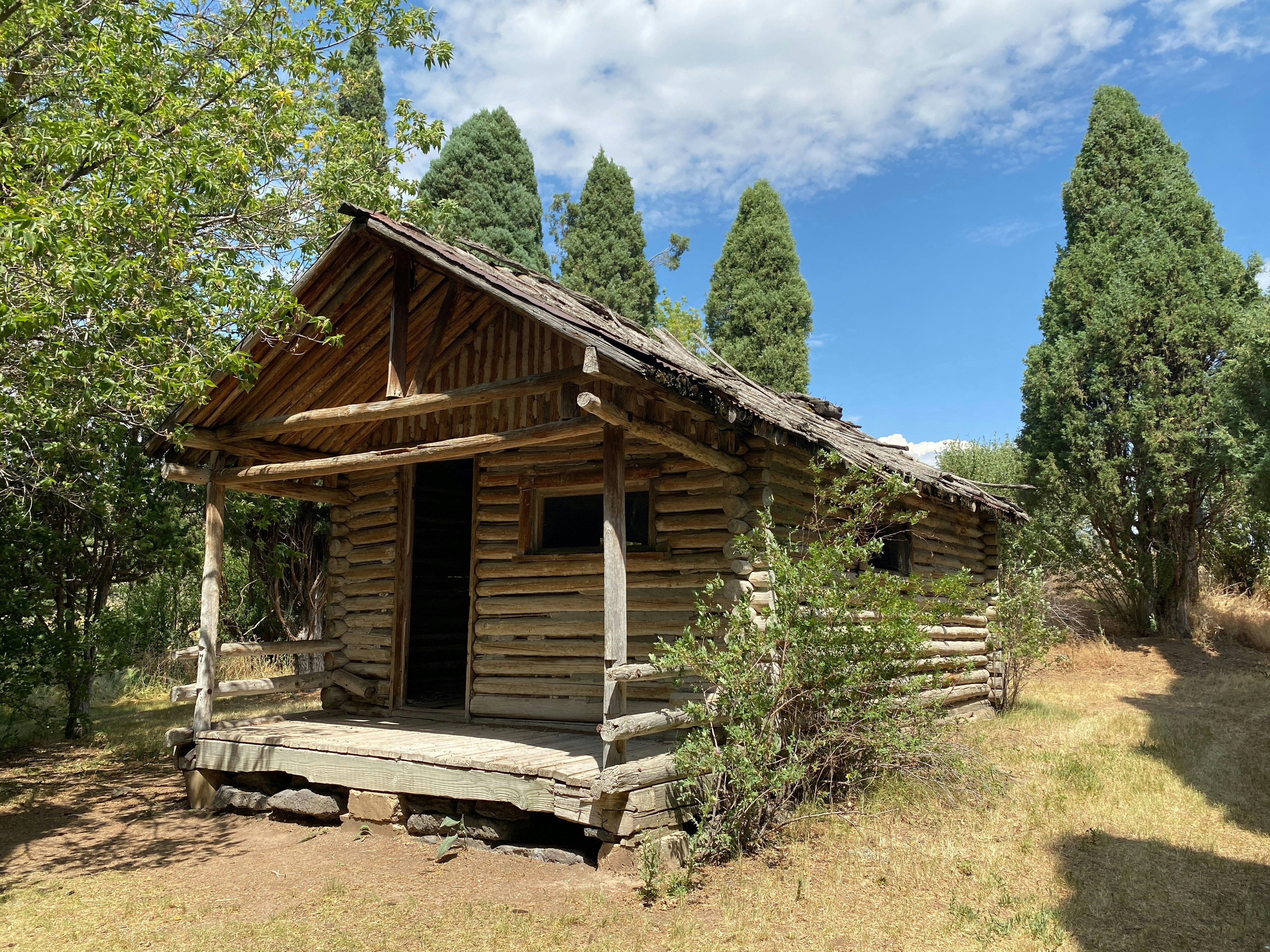 Rustikale Blockhütte, eingebettet zwischen Bäumen unter blauem Himmel