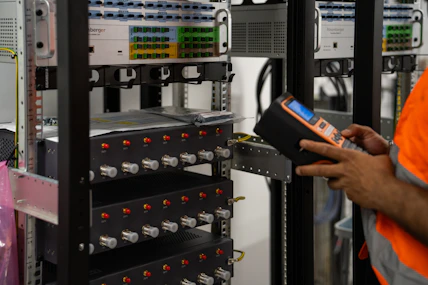 Technician inspecting server racks with a handheld diagnostic tool.
