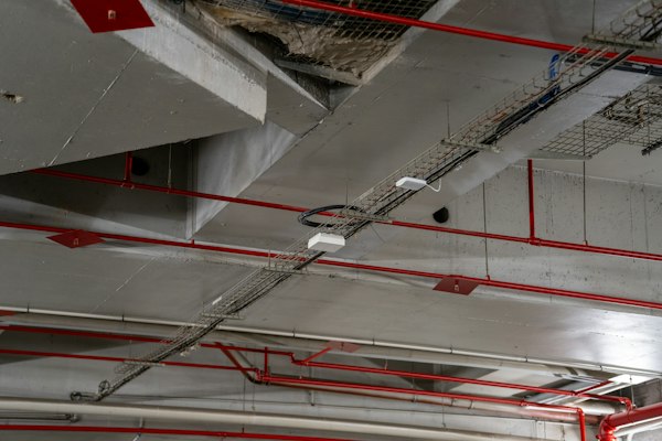 Tubería roja de sistema de rociadores bajo techo industrial, contexto del SEO para proveedores de sistemas contra incendio industrial