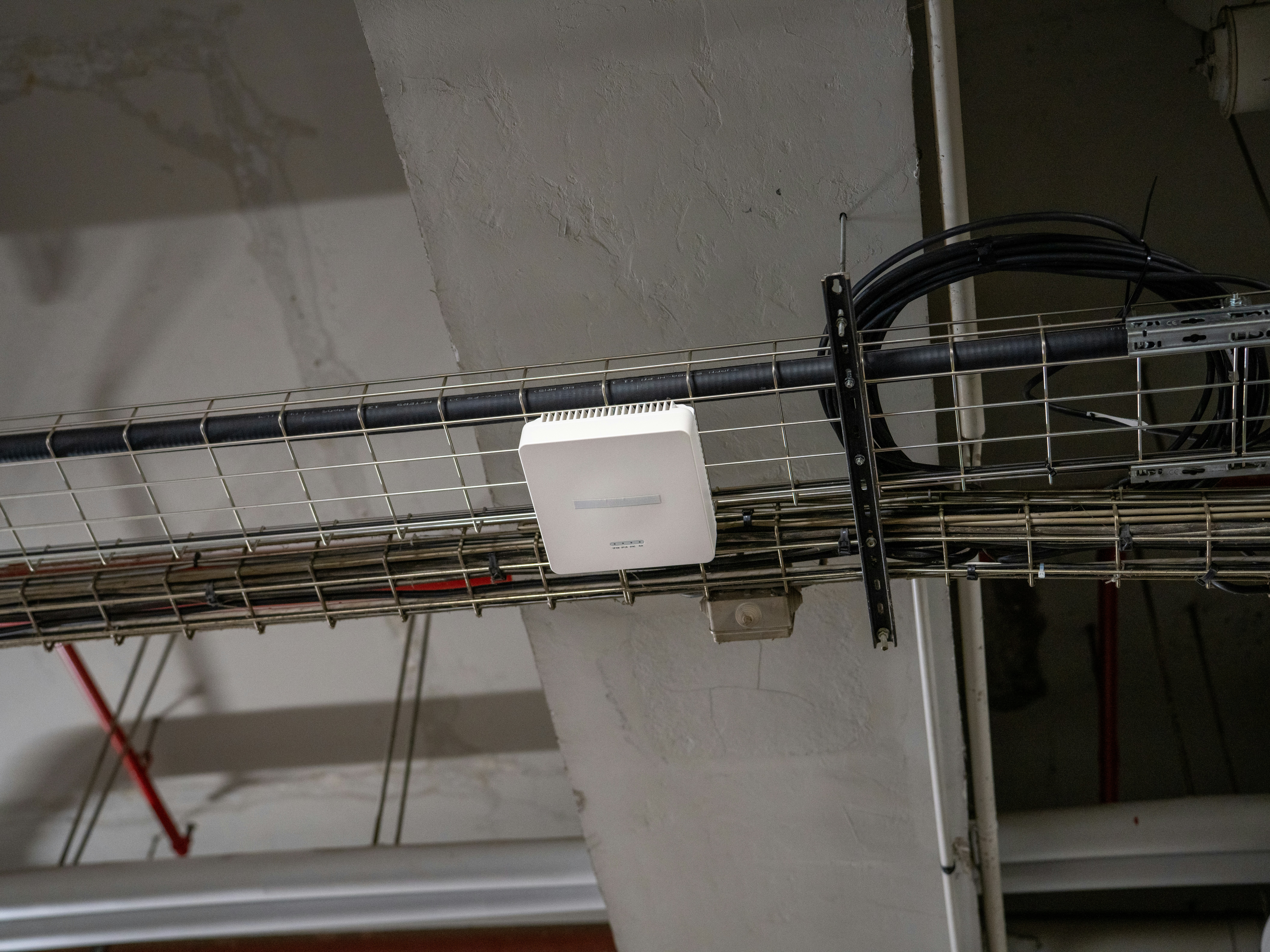 Business-grade wireless access point mounted on a ceiling cable tray