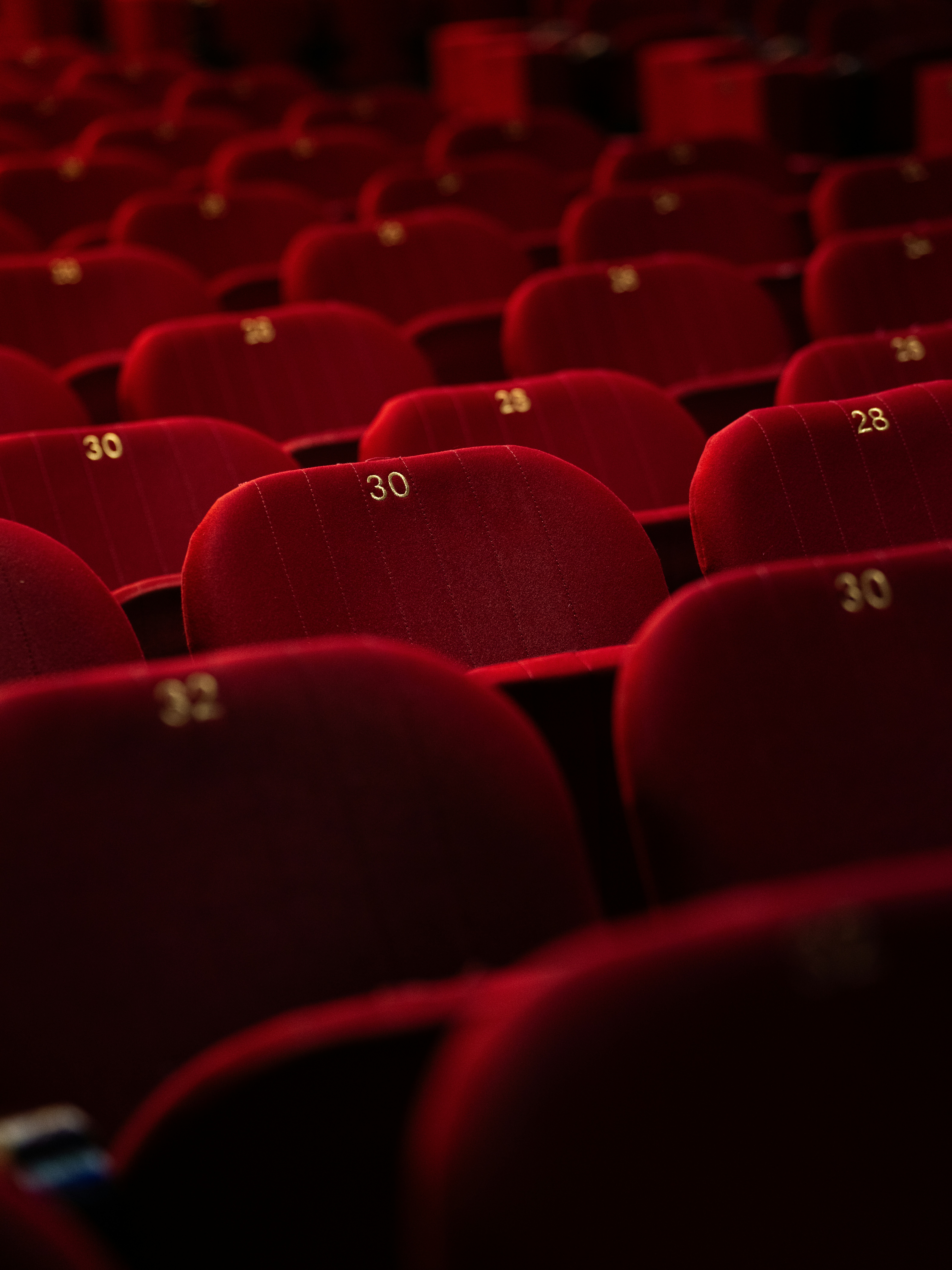 Rangées de fauteuils rouges en velours dans une salle de spectacle encore vide