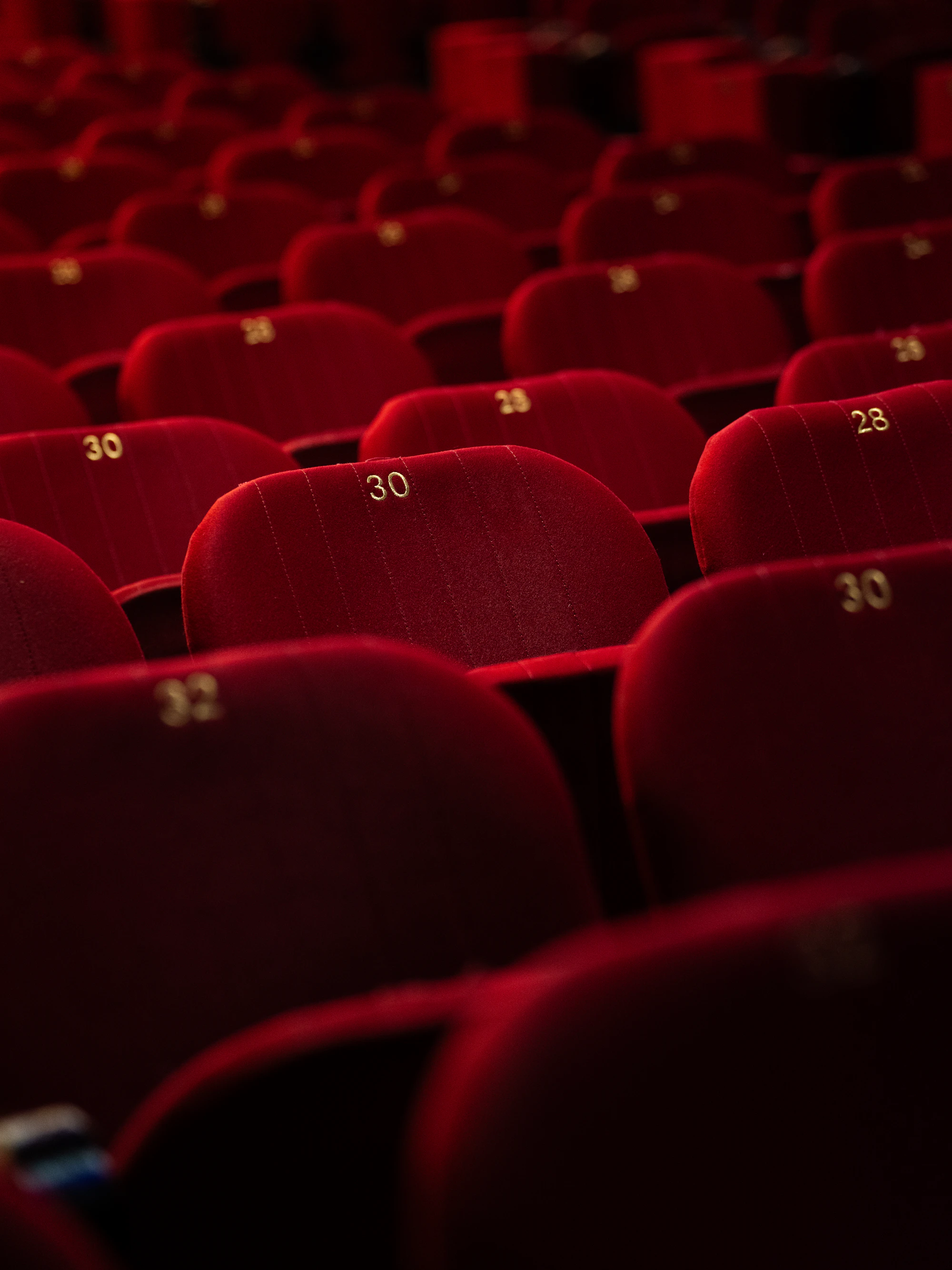 Empty red velvet seats in a dark theatre