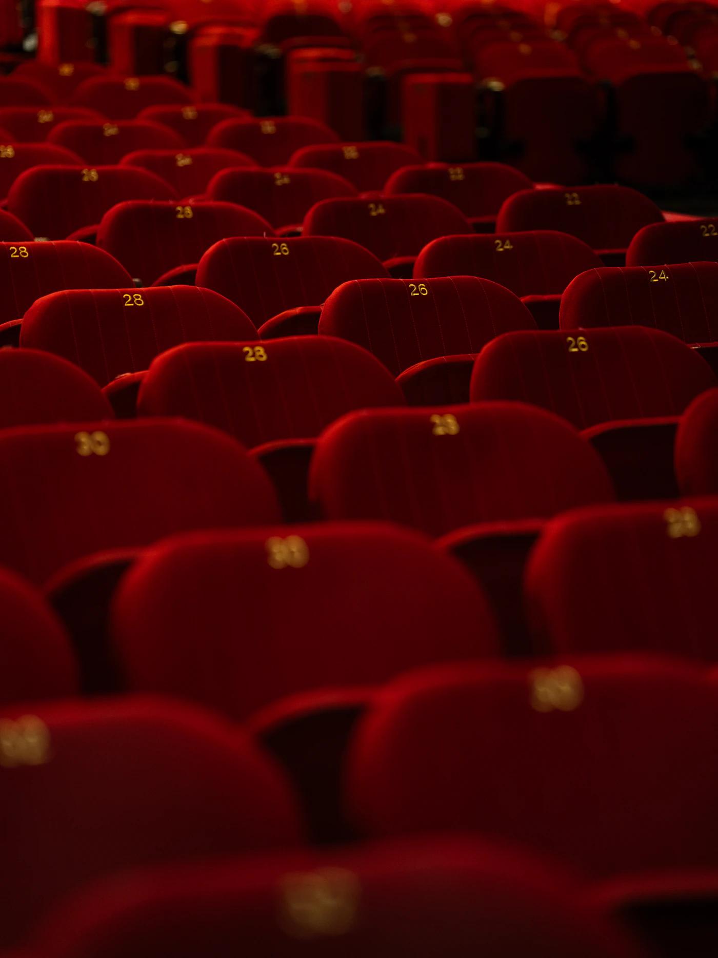 Red velvet theatre seats with yellow numbers