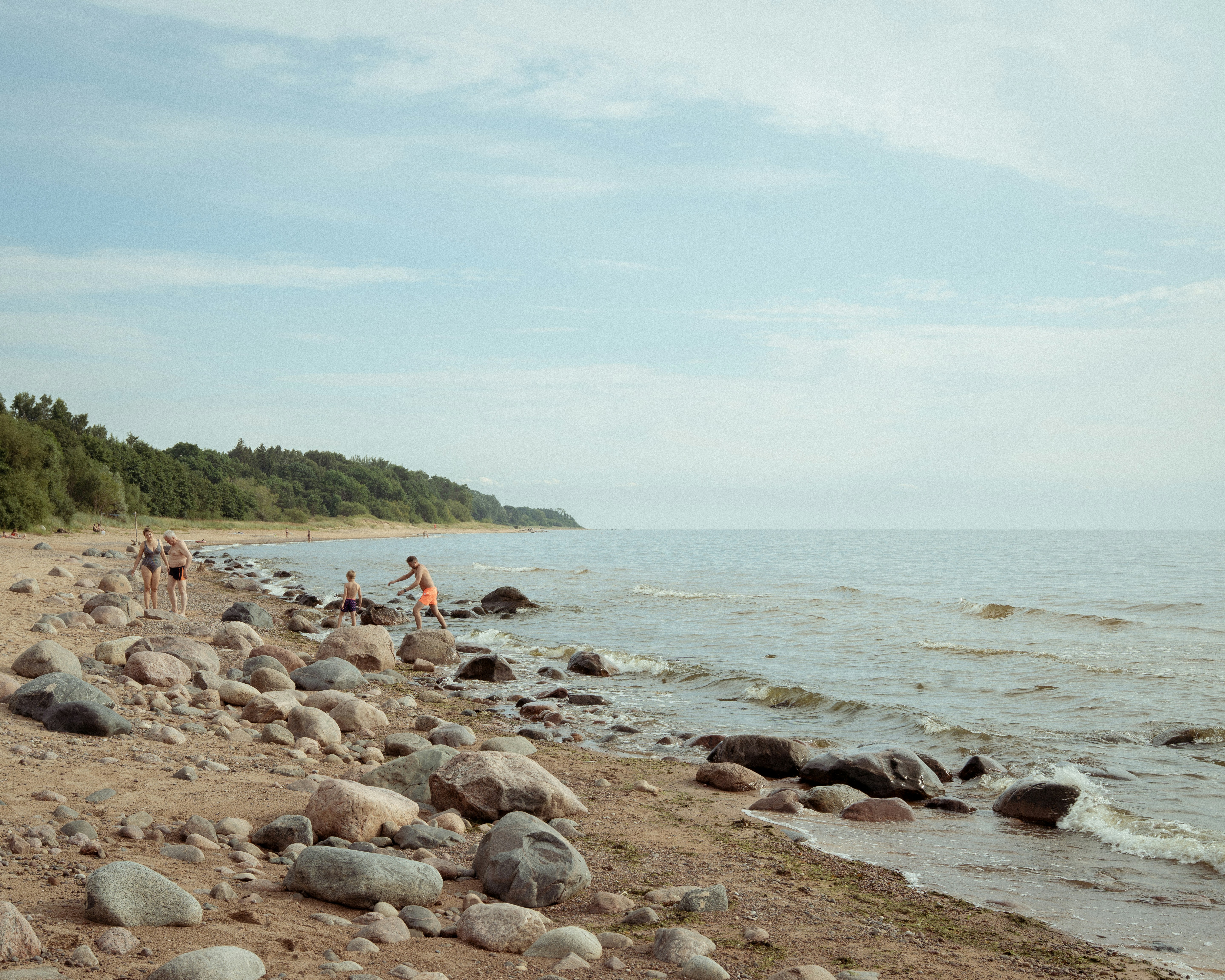 People enjoying a rocky beach by the ocean and forest