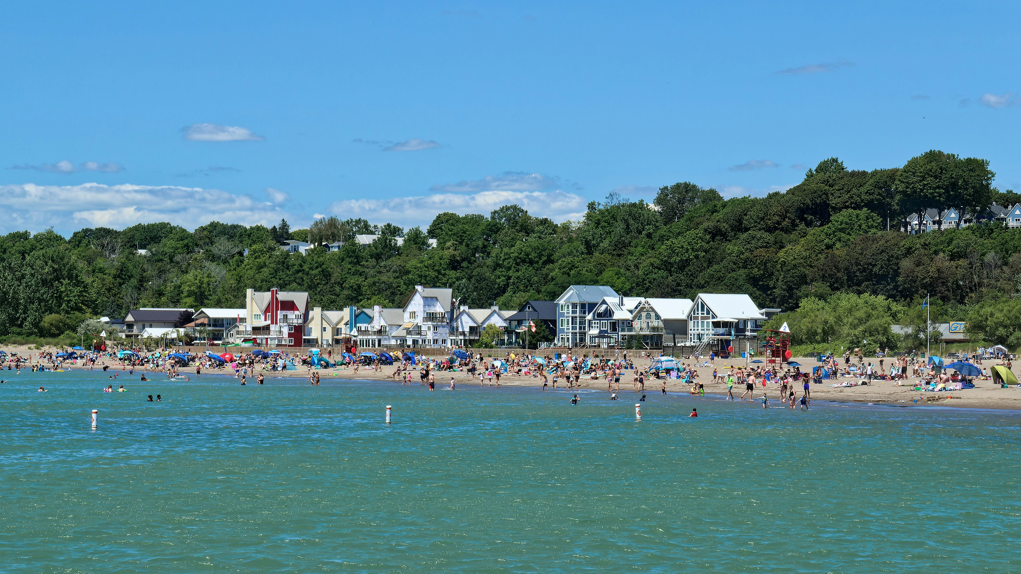 A crowded beach with houses and trees along the ocean