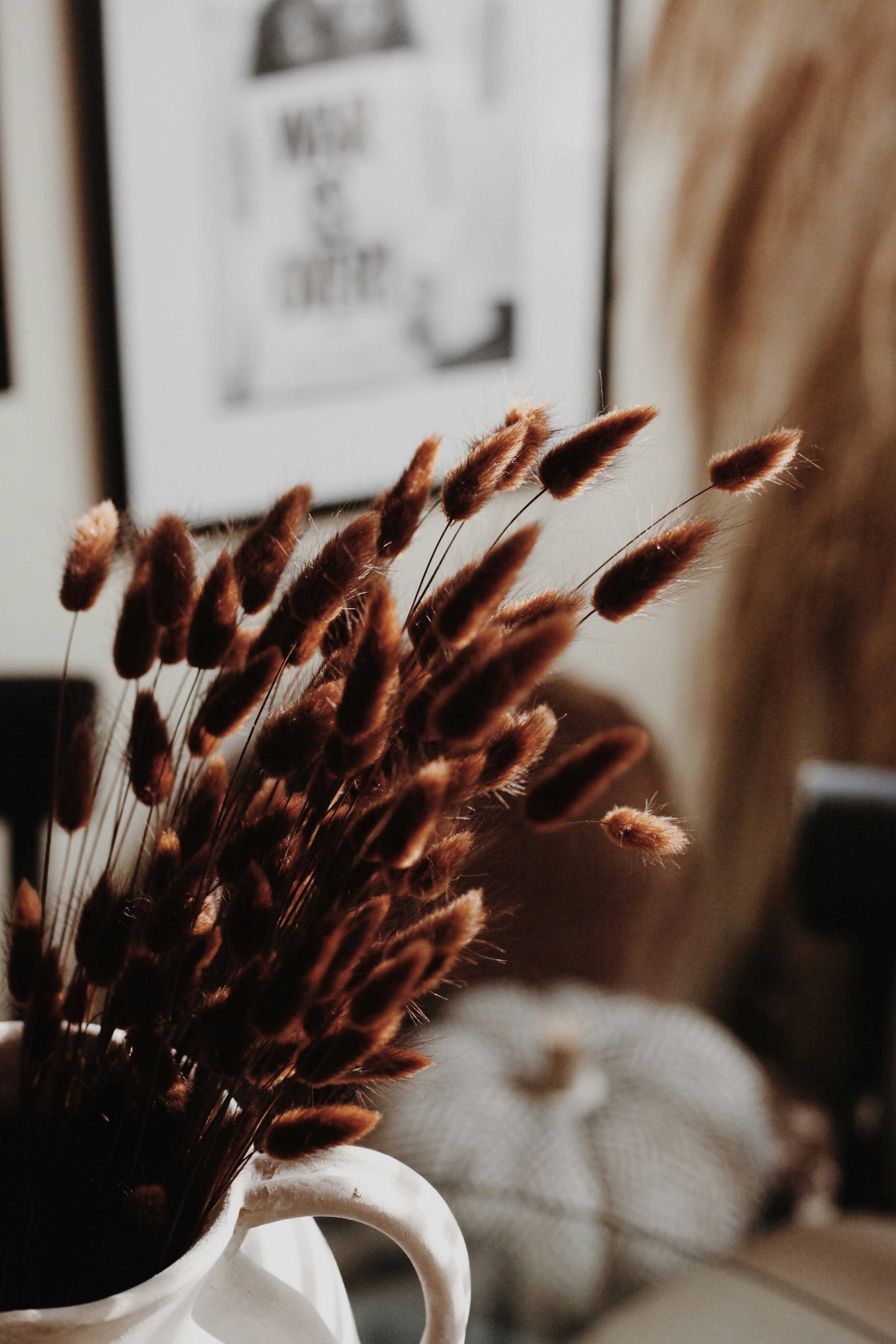 Decorative dried brown grass in a white vase