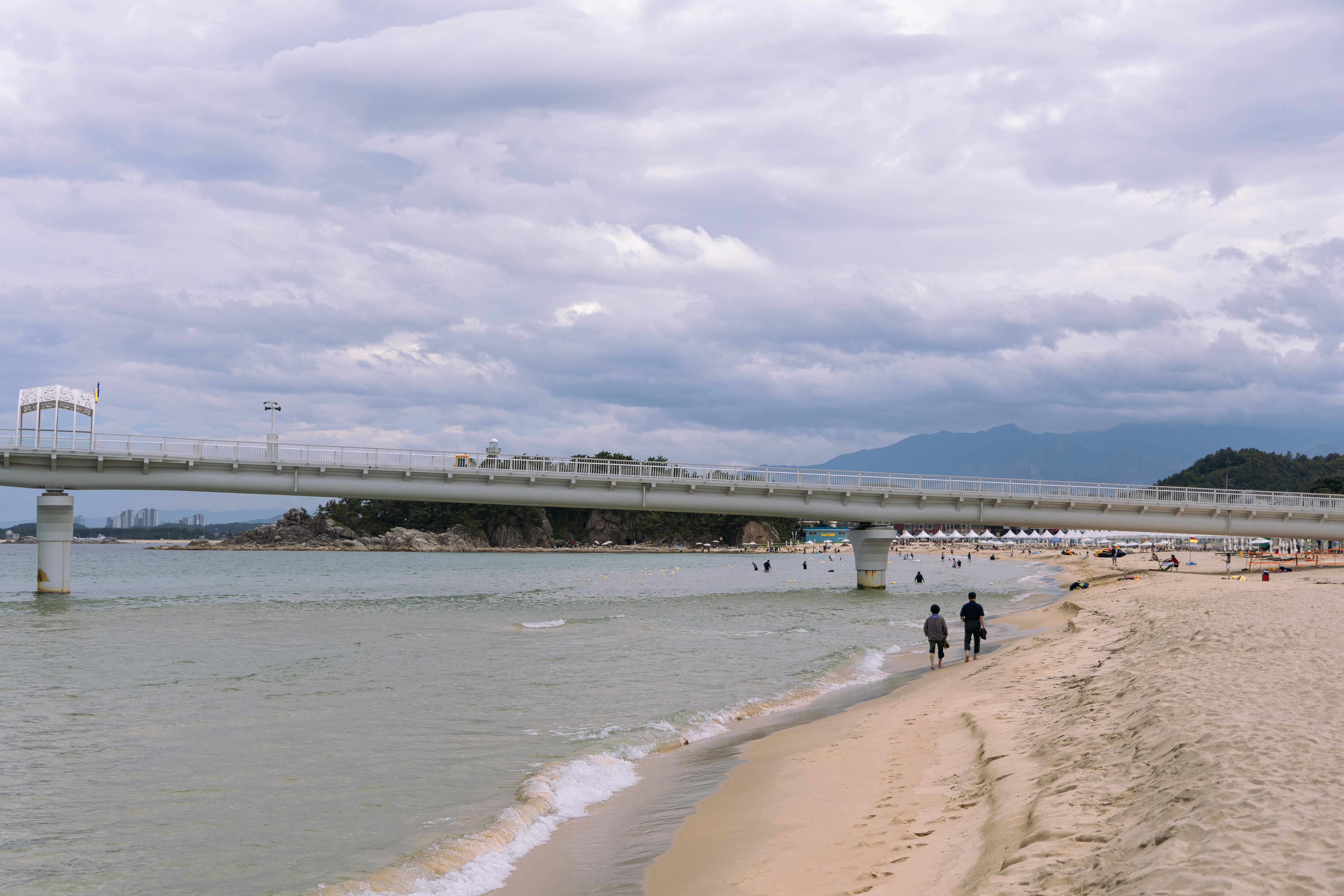 Coastal bridge spans over a sandy beach and ocean