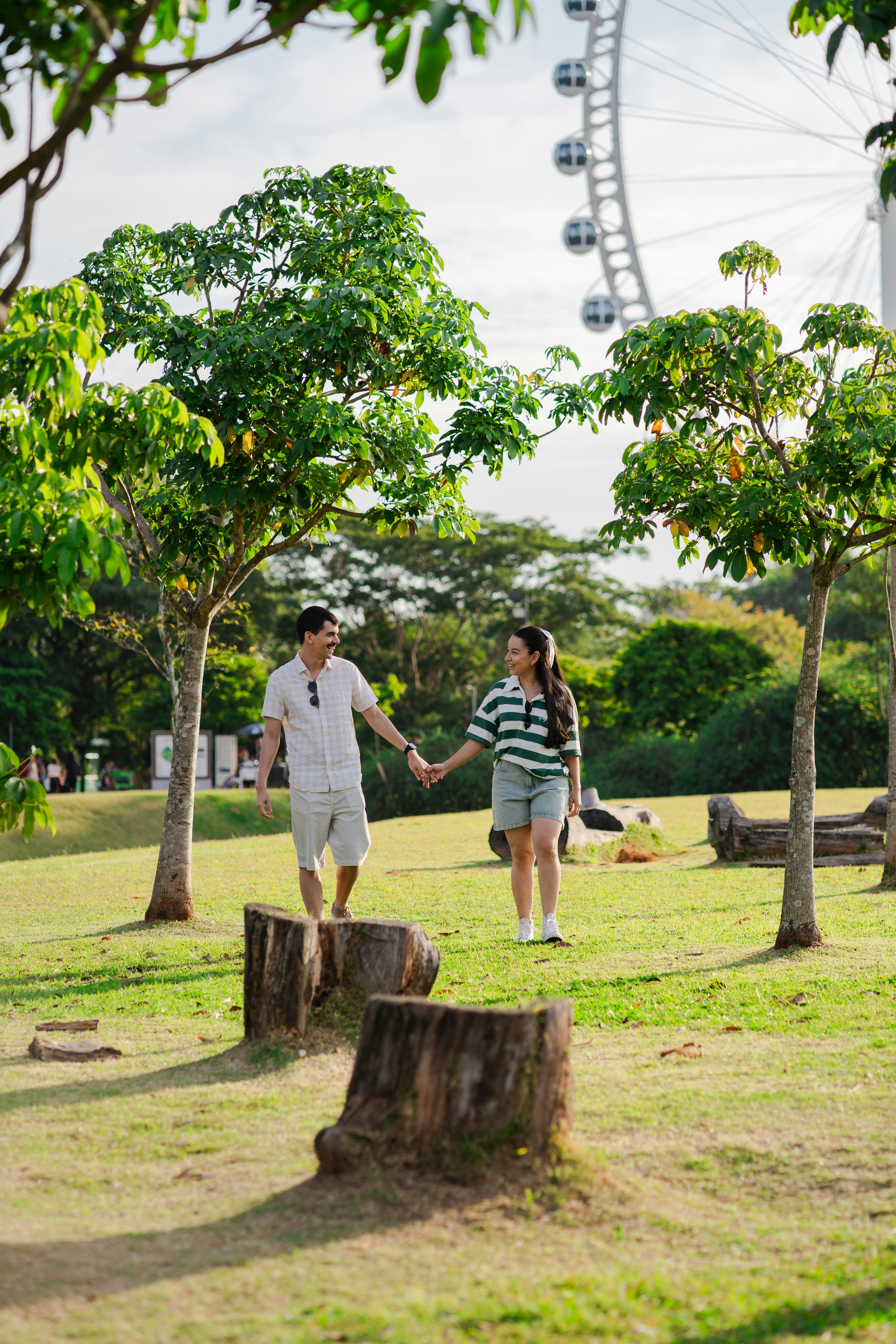 Couple walks on tree stumps in park with ferris wheel.