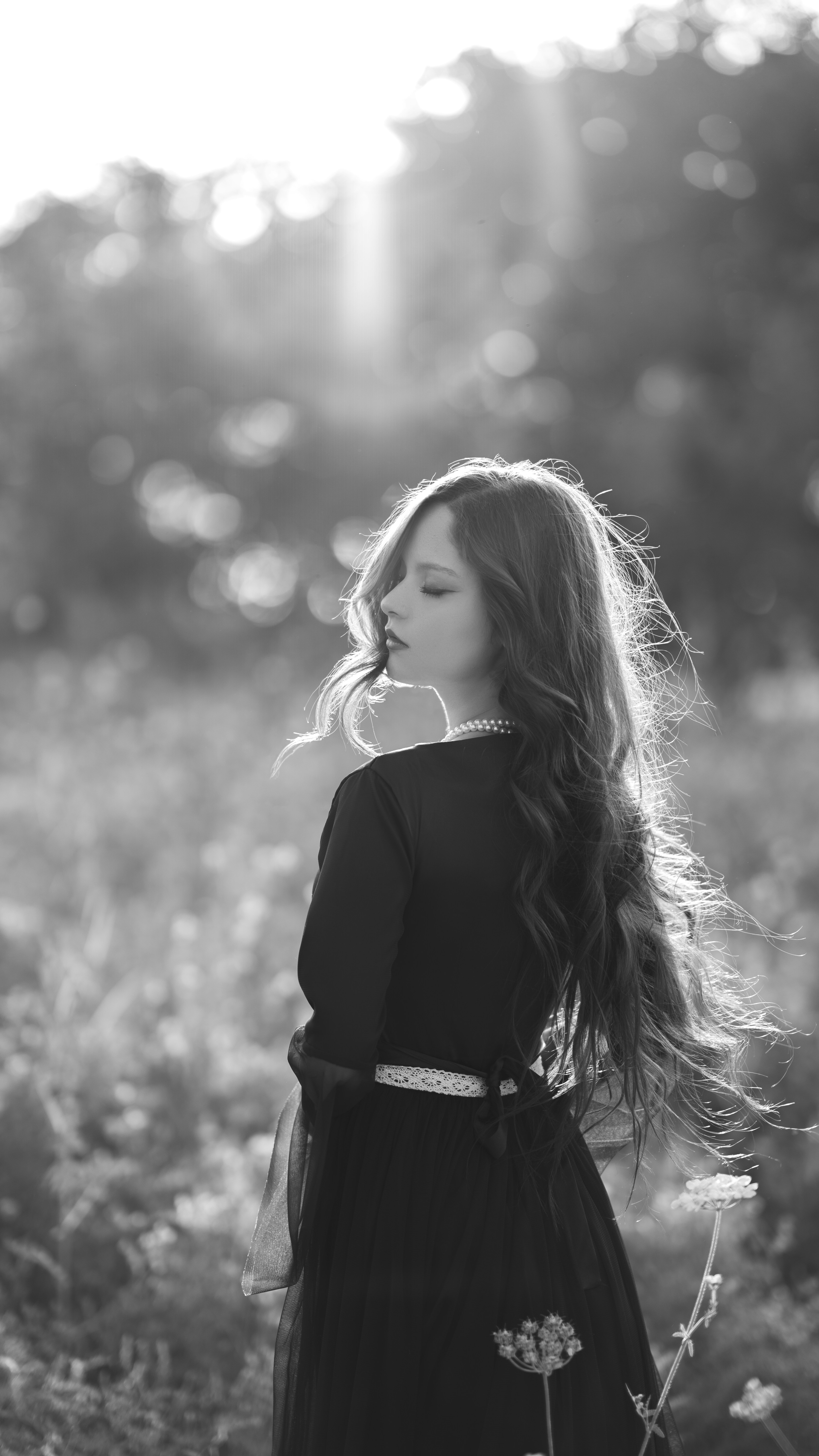 Young woman in a black dress in a sunlit field