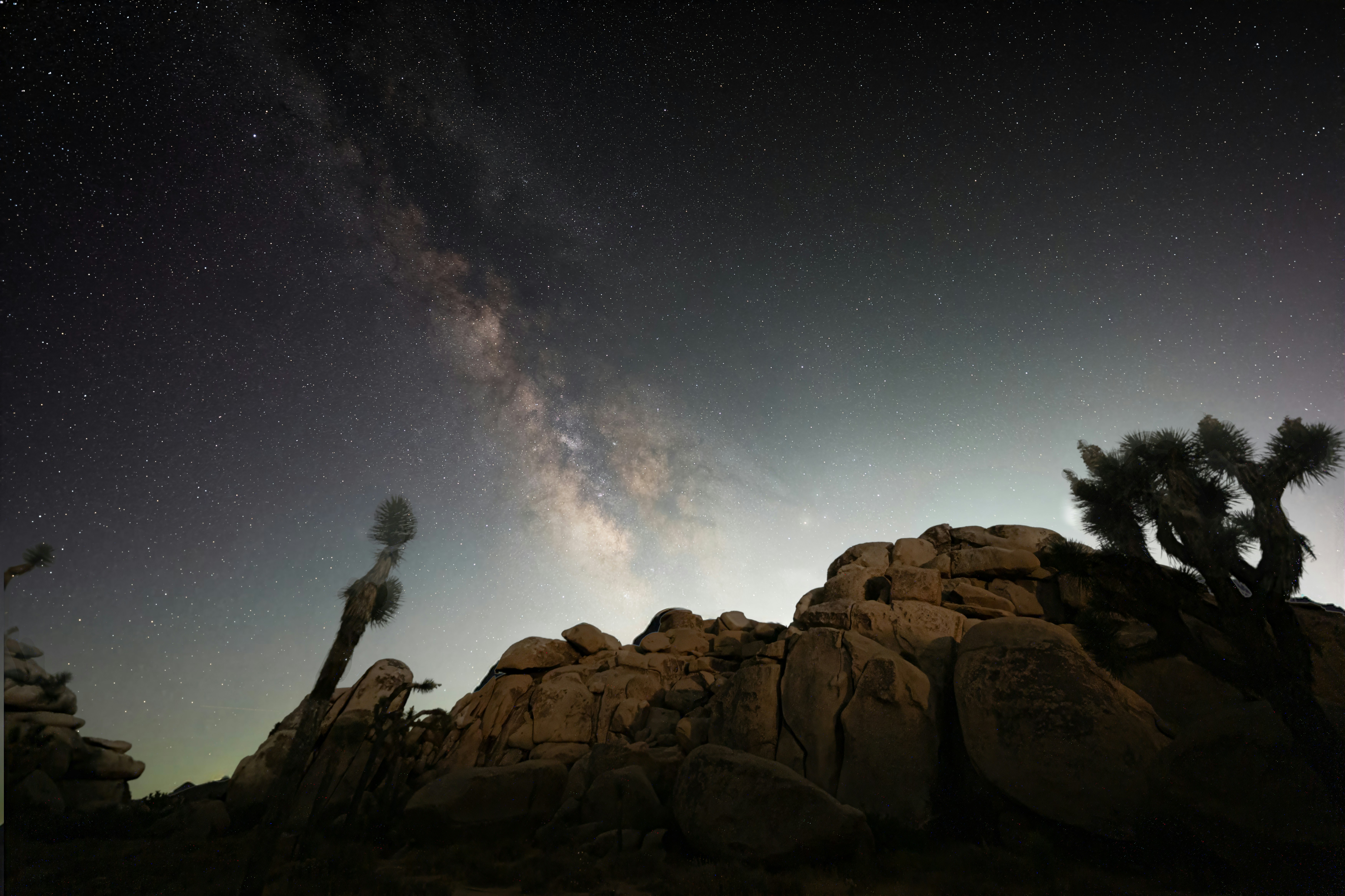 La galaxia de la Vía Láctea brillando sobre rocas del desierto y árboles de Josué