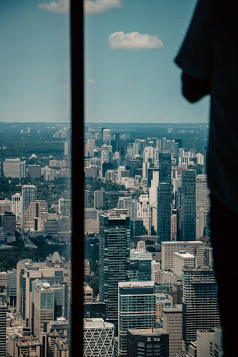 Financial professional overlooking city