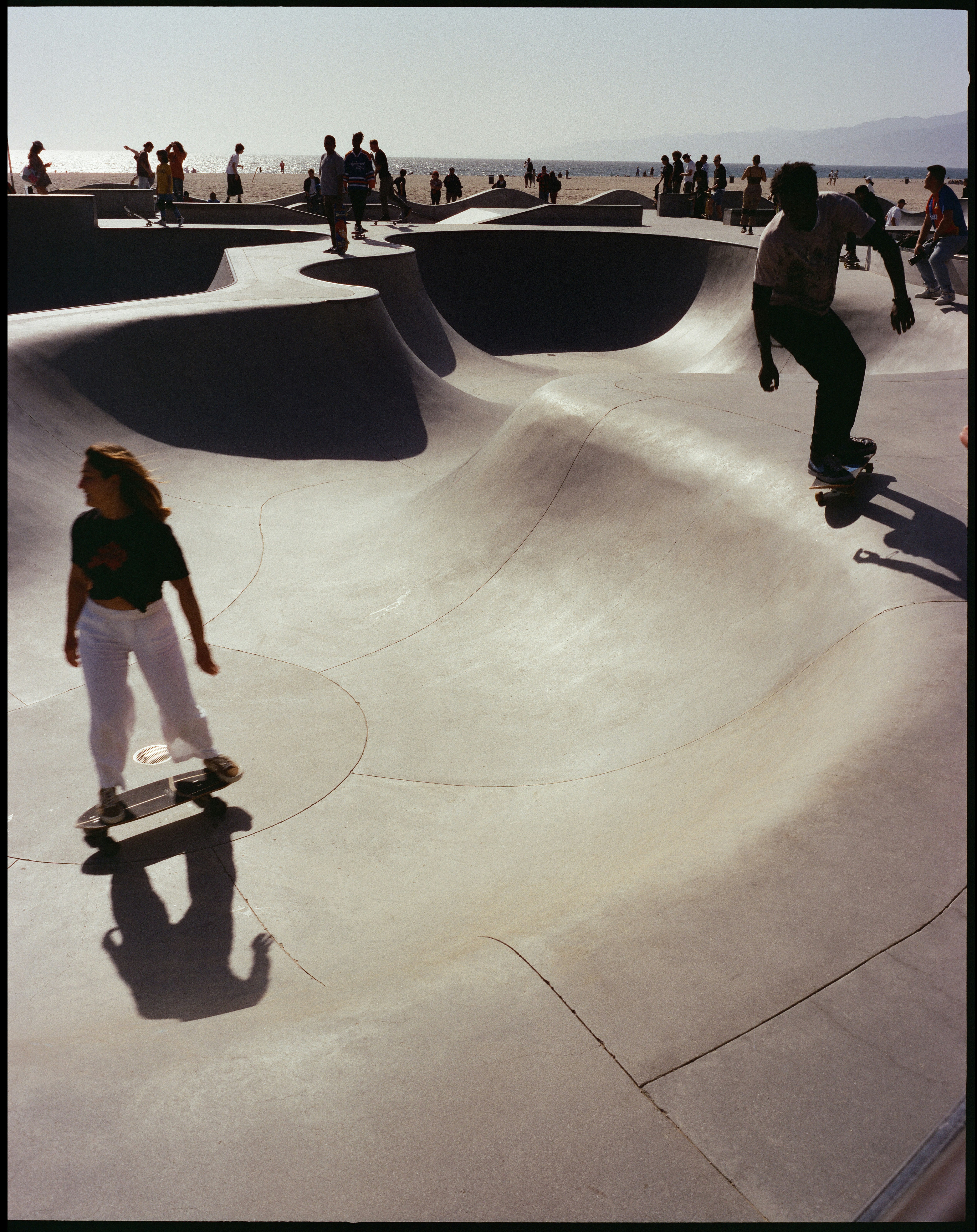 Skateboarders riding bowls at venice beach skatepark
