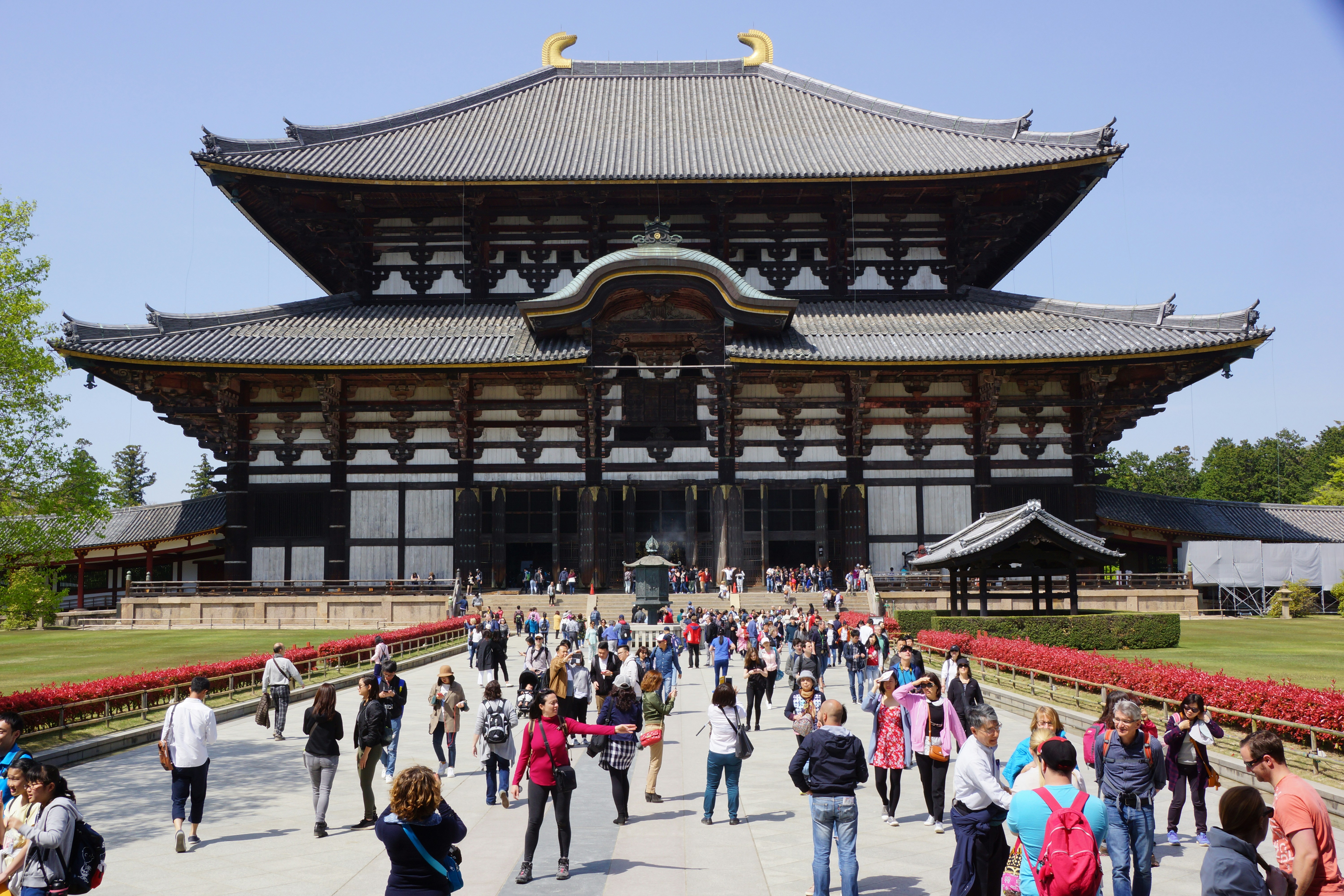Many people walk towards a large traditional japanese temple.