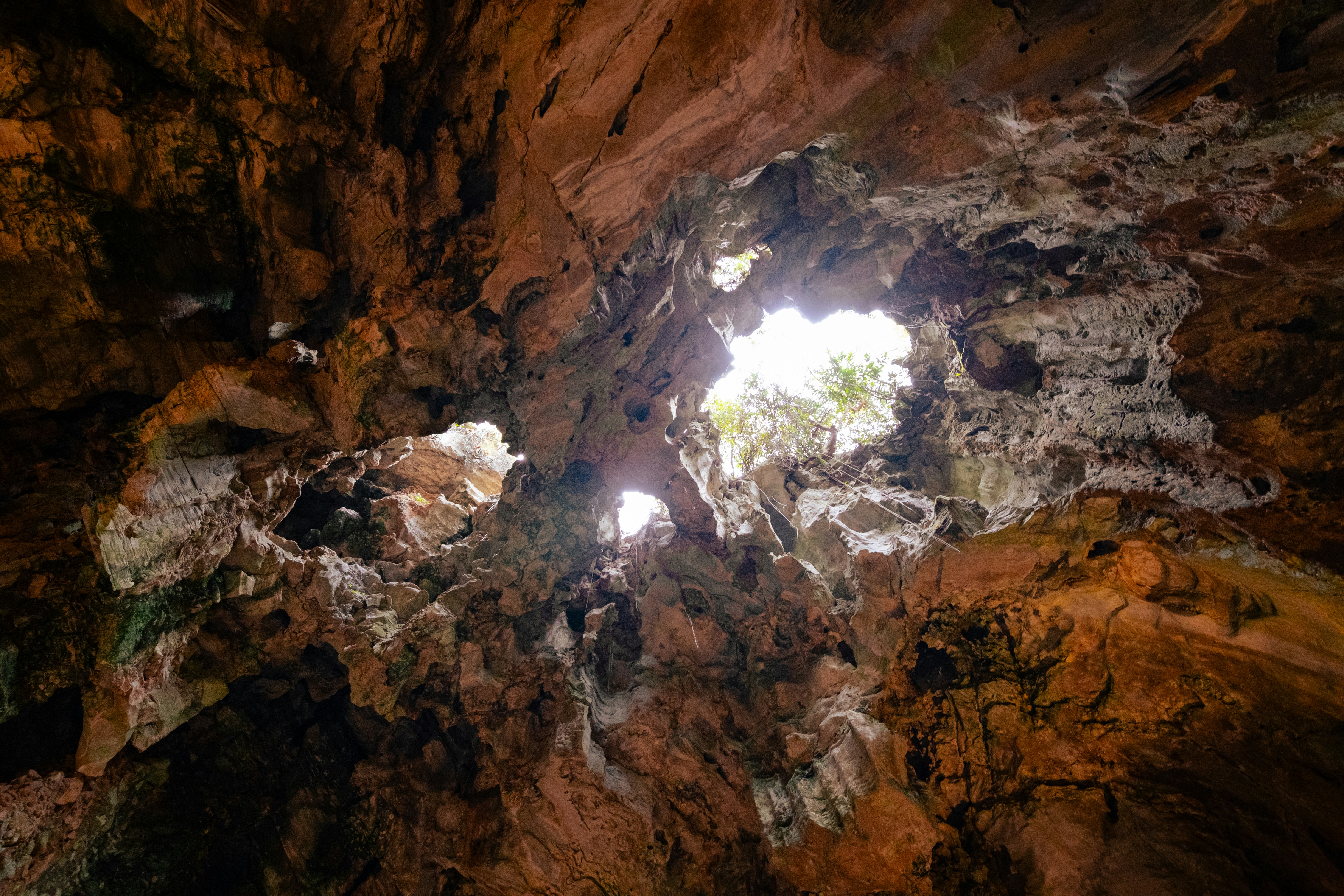Sunlight illuminates the rugged interior of a natural cave