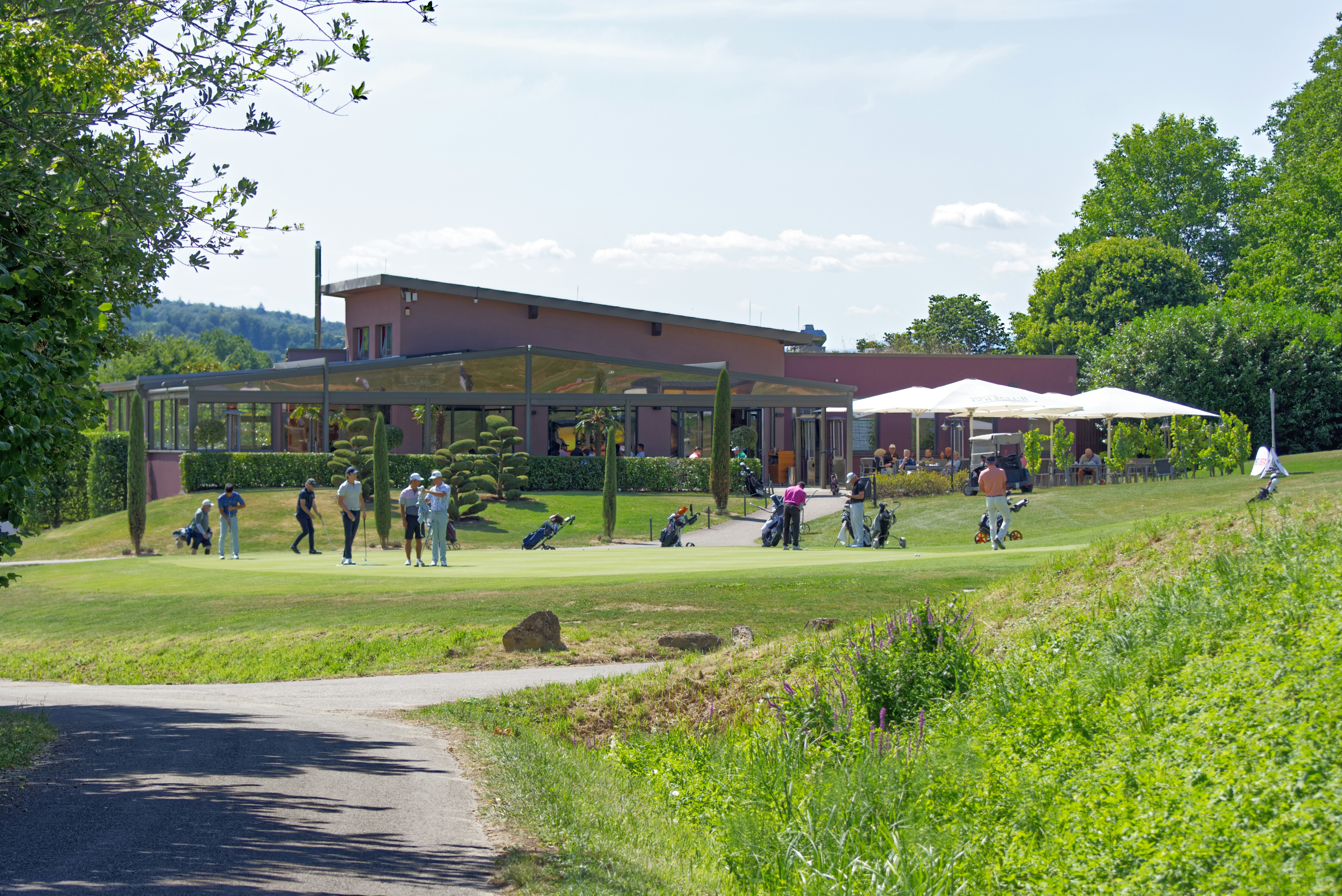 People playing golf on a green course with a clubhouse
