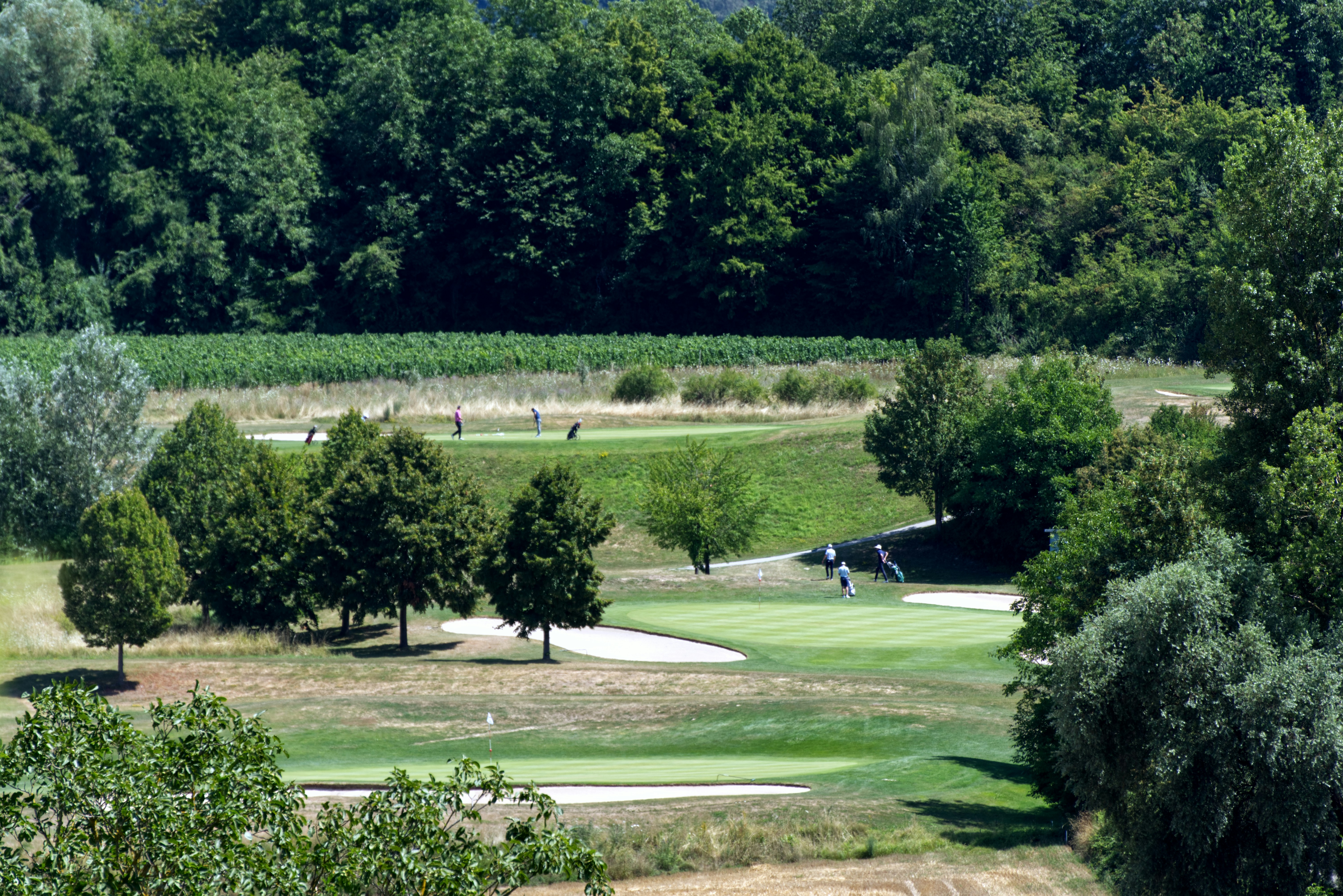 Golf course with green fairways, sand traps, and distant players