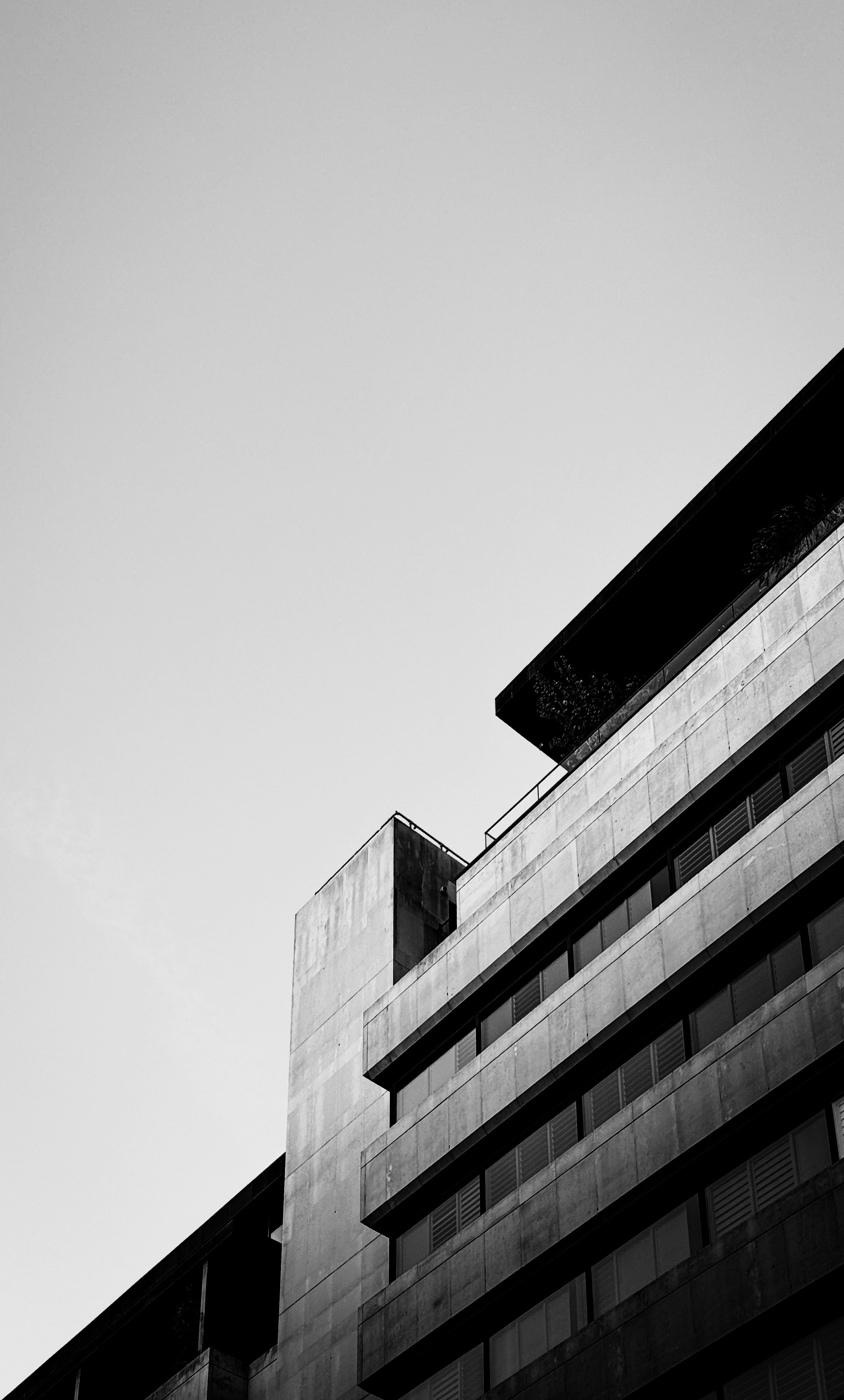 Abstract black and white view of a brutalist building.