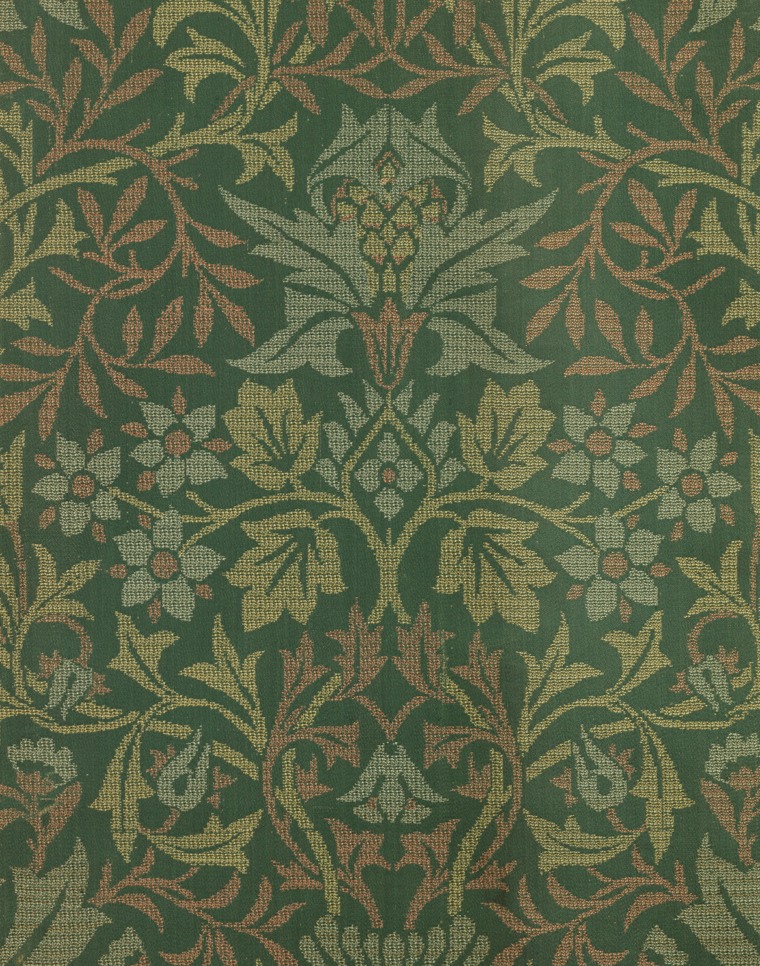 Dark green fabric with repeating floral and vine pattern